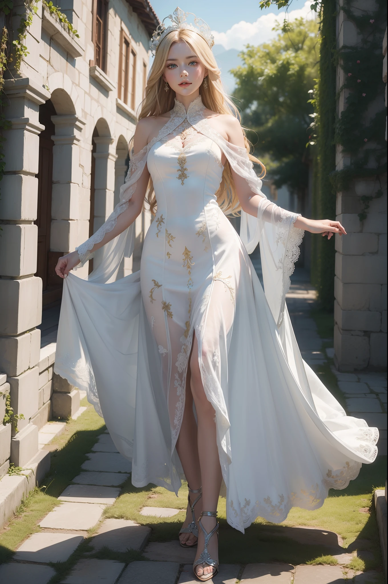 ((top-quality、​masterpiece、photographrealistic:1.4、in 8K))、Beautuful Women、18year old、Beautiful expression、a blond、extremely detailed eye and face、beatiful detailed eyes、Formal Gloves、（Luxury dress with red embroidery on white fabric、Headdress in the style of medieval Europe)、Luxury accessories、（Stroll through ancient European ruins。European style castle in the background）、Glass shoes、Cinematic lighting、Textured skin、Super Detail、high detailing、High quality、hight resolution、Looking at Viewer、Elegant smile、Full body、europian、a plant、ivy