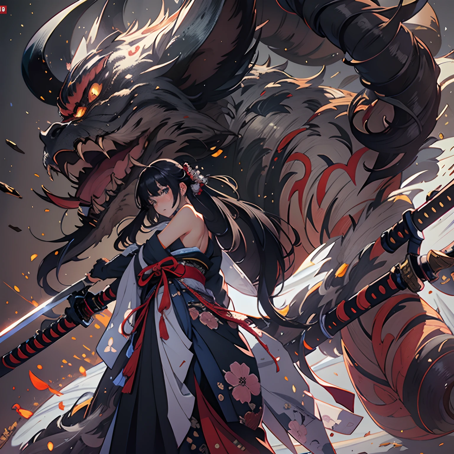 (Photorealsitic:1.4),((from back view:1.6)),, (Fanning angle:1.6), (Samurai girl confronts a giant demon:1.2), (beautifully detailed eyes), (beautiful and detailed face), Perfect female body, (neat figure:1.2), Slender waist, (18year old),Very big eyes, (Sober haori hakama:1.4),(Modern haori and black gauntlet), long boots, (Fight with beautiful Japan swords:1.4), Best Quality,Ultra-detailed, High resolution, extremely details CG, Unity 8k壁纸, Official art, production art, novel illustration, by famous artist, Caustics, textile shading, super detailed skin, Perfect Anatomy, Detailed, Cinematic lighting, Dynamic lighting, Beautiful detailed eyes, (top-quality), (ultra-detailliert), (masuter piece), (hight resolution), (Original), Character Design, Game CG, Detailed Manga Illustration, Realistic head-to-body size ratio:1.2