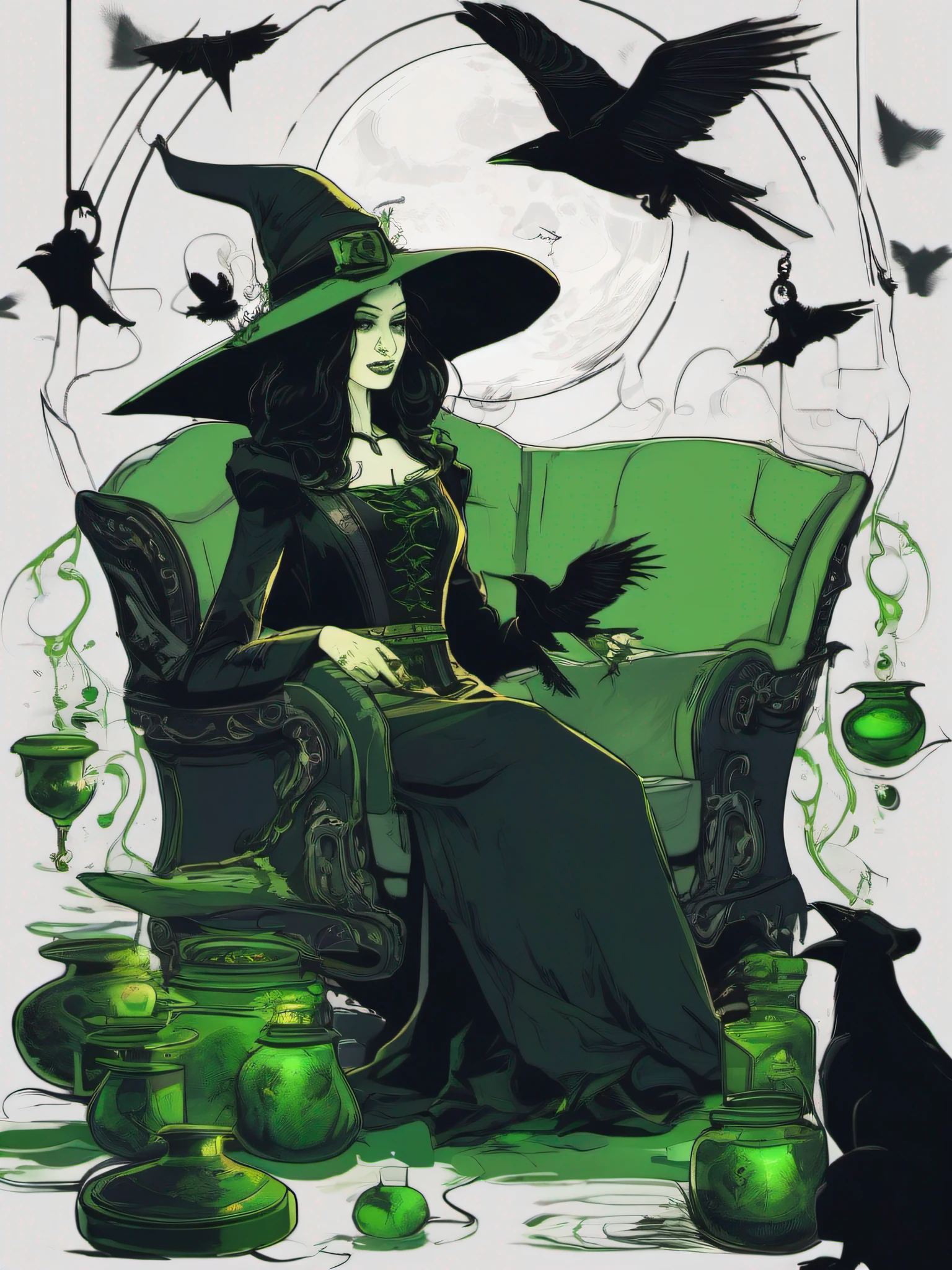 A witch in a black hat sits in a chair holding a crow,The witch placed a pot of alchemy in front of her,The pot was filled with green potions,The witch is surrounded by bats,Dark rendering,4K diagram,Dark painting style,Strong contrast