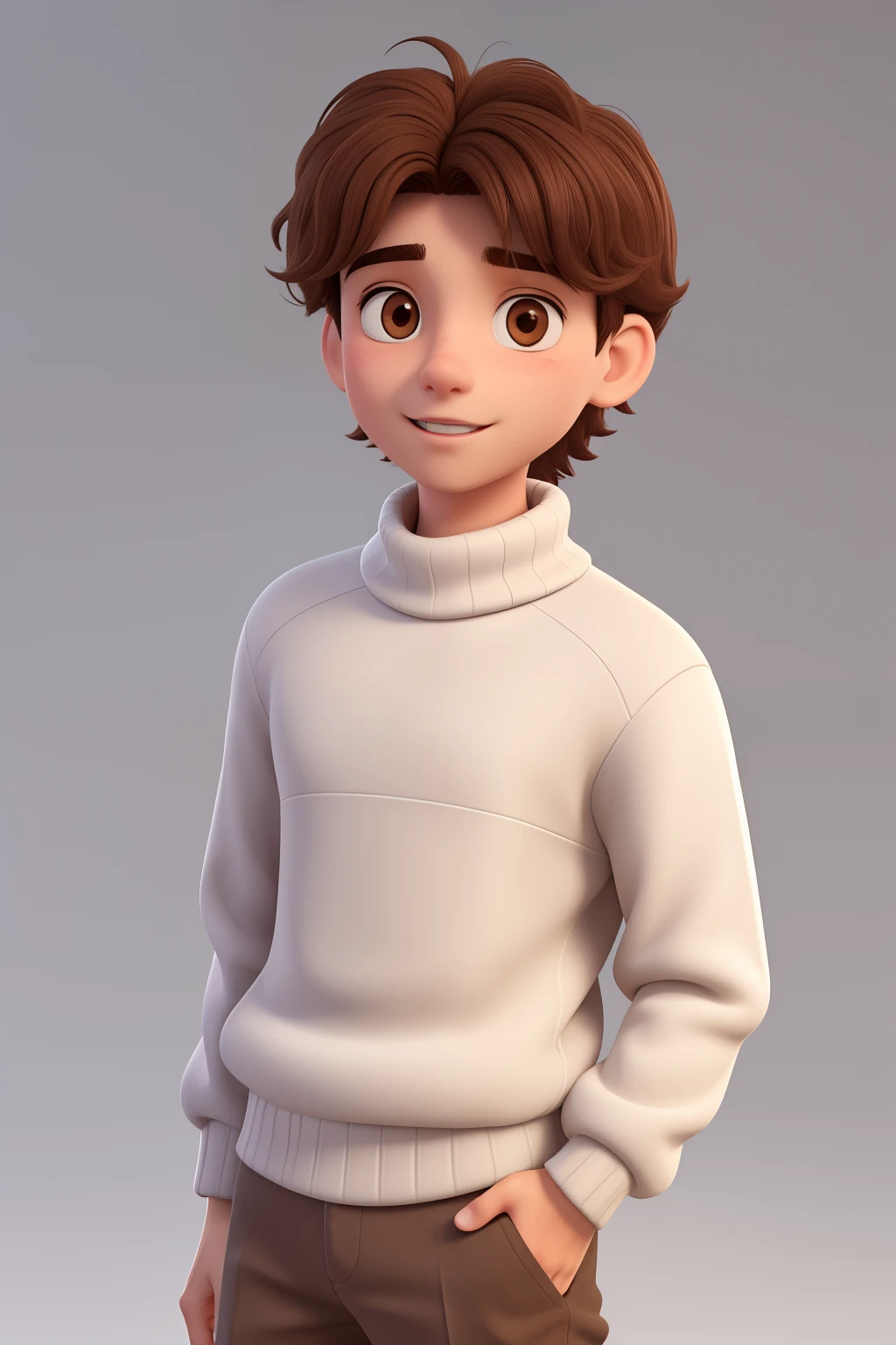 A young man of , with brown disheveled hair, cute face, boxy face, and brown eyes, wearing white turtleneck. 3d cartoon