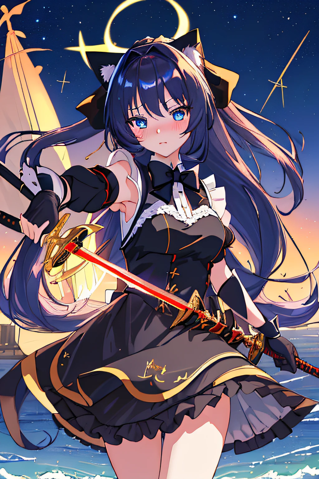 ((Masterpiece:1.2, Best Quality)), 1girl, 独奏, 1 girl, anime, 4k, highres, best quality, absurdly long hair, embarrassed, glowing eyes, blue eyes, black wings, black bow, black gloves, maid dress, on side, battle, sword, magic, beach, sparkle, night