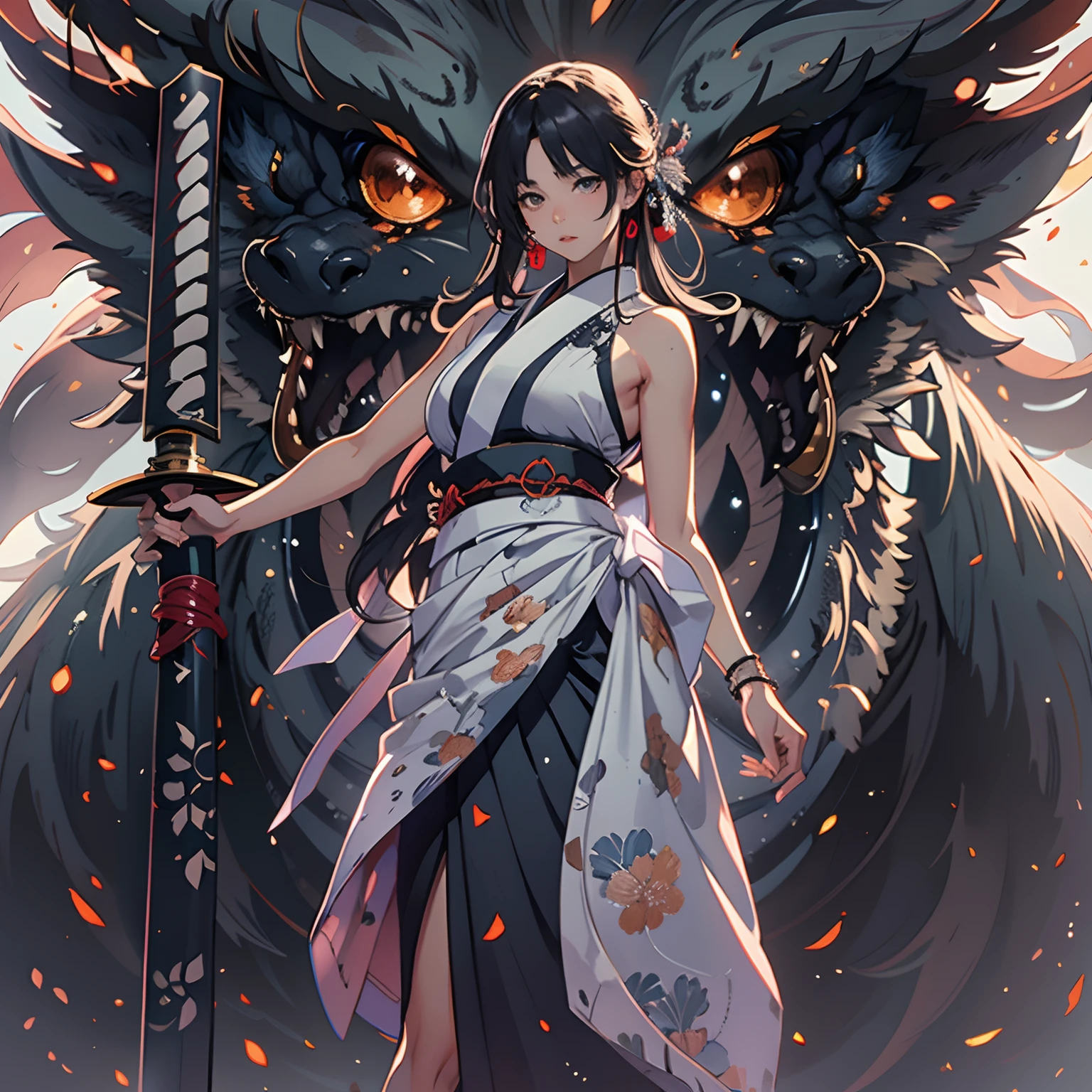 (Photorealsitic:1.4),((from back view:1.6)),, (Fanning angle:1.6), (Samurai girl confronts a giant demon:1.2), (beautifully detailed eyes), (beautiful and detailed face), Perfect female body, (neat figure:1.2), Slender waist, (18year old),Very big eyes, (Sober haori hakama:1.4),(Modern haori and black gauntlet), long boots, (Fight with beautiful Japan swords:1.4), Best Quality,Ultra-detailed, High resolution, extremely details CG, Unity 8k壁纸, Official art, production art, novel illustration, by famous artist, Caustics, textile shading, super detailed skin, Perfect Anatomy, Detailed, Cinematic lighting, Dynamic lighting, Beautiful detailed eyes, (top-quality), (ultra-detailliert), (masuter piece), (hight resolution), (Original), Character Design, Game CG, Detailed Manga Illustration, Realistic head-to-body size ratio:1.2