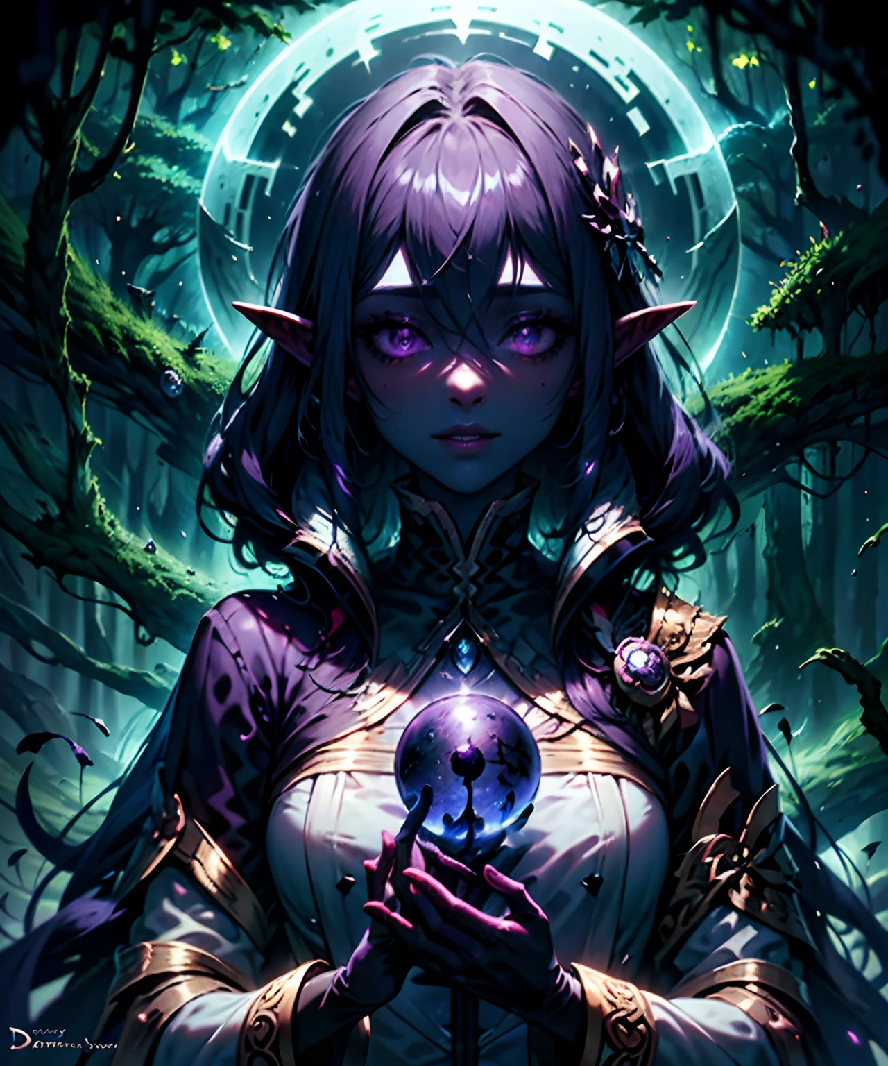 female drow druid, with dark purple skin, holding an orb, dark forest background, dark lighting, elf sparkle