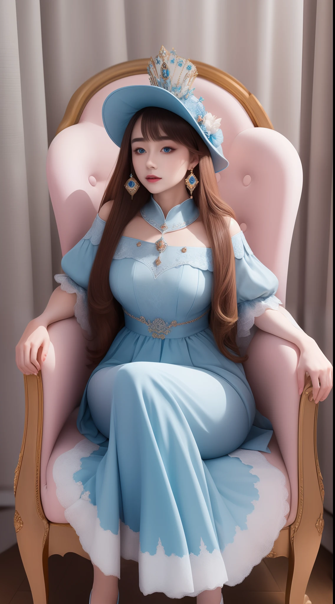 ((Best quality)), ((Masterpiece)), (Detailed), The princess in the hat sits on a chair,Ethereal beauty