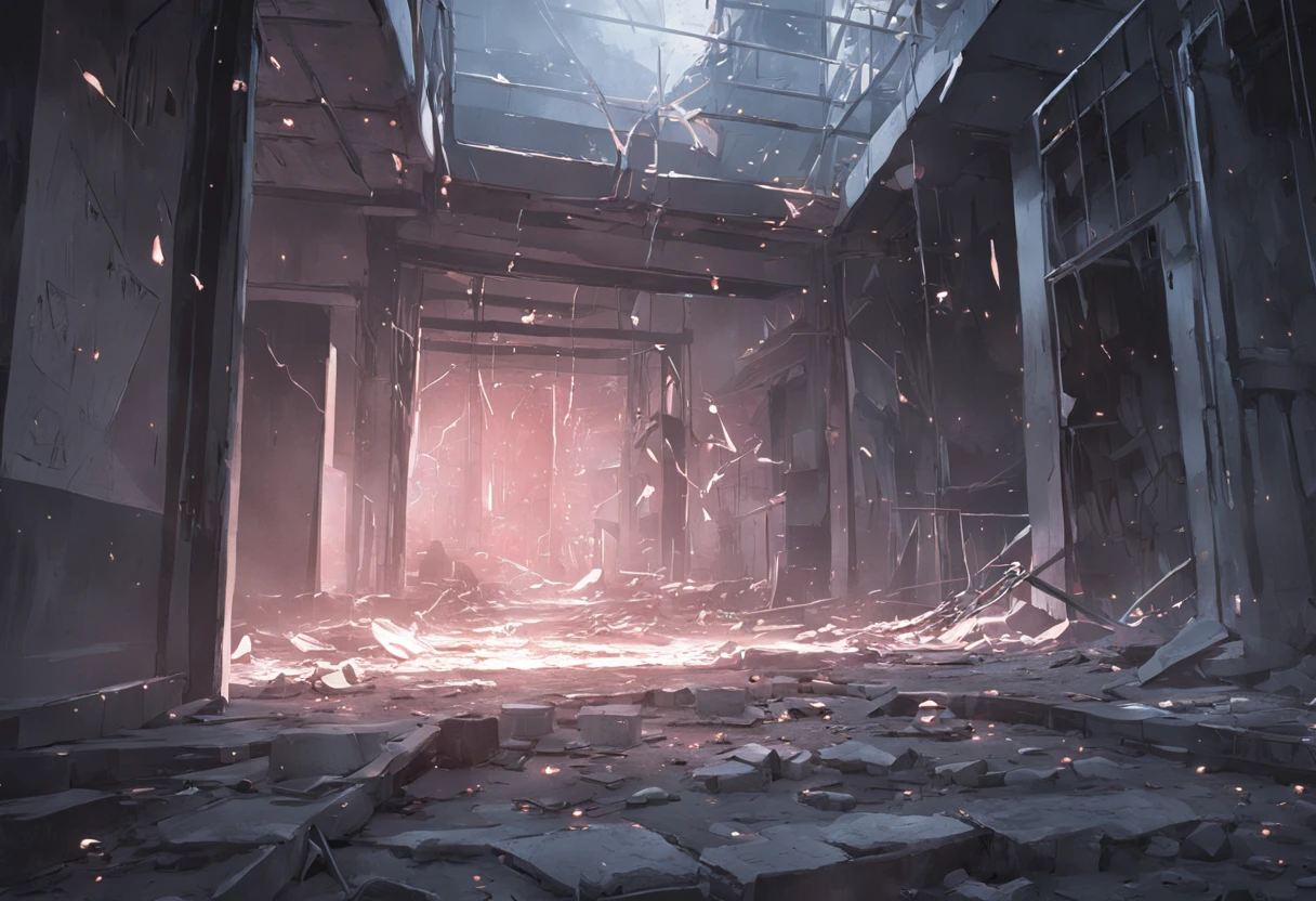 masutepiece, Ultra-high resolution, (monochromes), (highcontrast), in a house, broken walls, Broken city, Gravel-covered ground, Broken sign, Natural light surreal science fiction scene, From the point of view of the lowest layer (光影效果), (depth of field effect), (Tyndale), (Optical particle tracking), (nffsw), (Horror Movie Lighting Visual Effects), (Volumetric lighting), (Bright colors), Best Quality, 8K