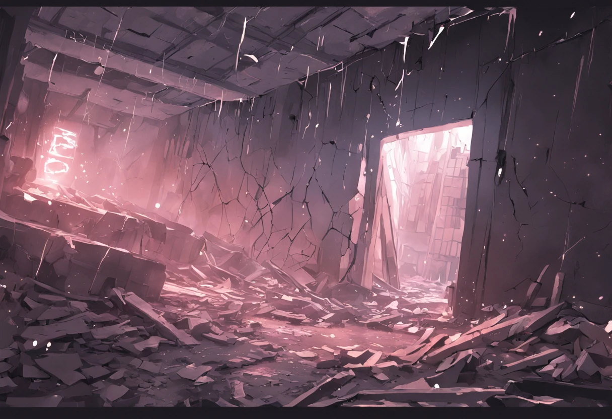 masutepiece, Ultra-high resolution, (monochromes), (highcontrast), in a house, broken walls, Broken city, Gravel-covered ground, Broken sign, Natural light surreal science fiction scene, From the point of view of the lowest layer (光影效果), (depth of field effect), (Tyndale), (Optical particle tracking), (nffsw), (Horror Movie Lighting Visual Effects), (Volumetric lighting), (Bright colors), Best Quality, 8K