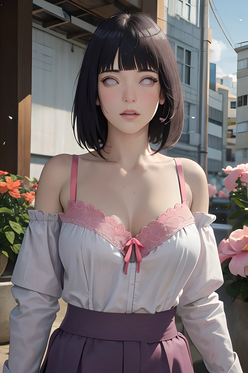 Beautiful short black hair woman is shown to have a sexy figure. She is wearing a beautiful detailed spring printed Frenchy Bubble Sleeve Waist Cinching Dress, jewelry, she has green eyes, eye patch, Girl standing outside in a field, sexy session, poseing,exposed cleavage, cowboy shot, superior quality, many details, realistic