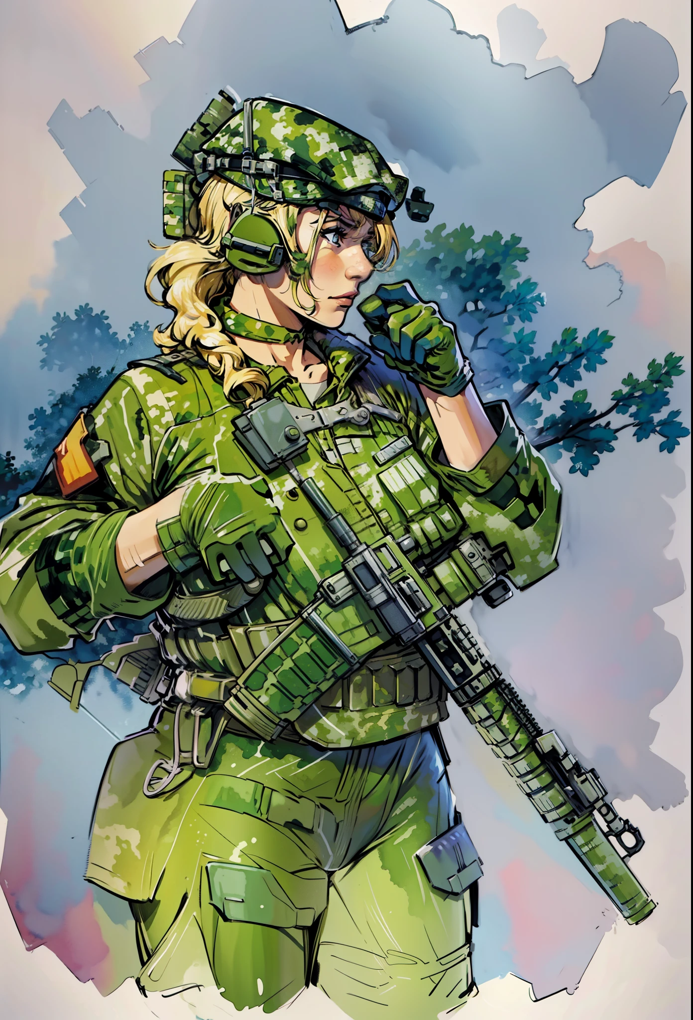 Coloring，Watercolor art，detaileds, Blonde female soldier，(((Digital camouflage pattern military uniform)))，detaileds，Heavy metal weapons，jungle backdrop，morningglow，Super detailed