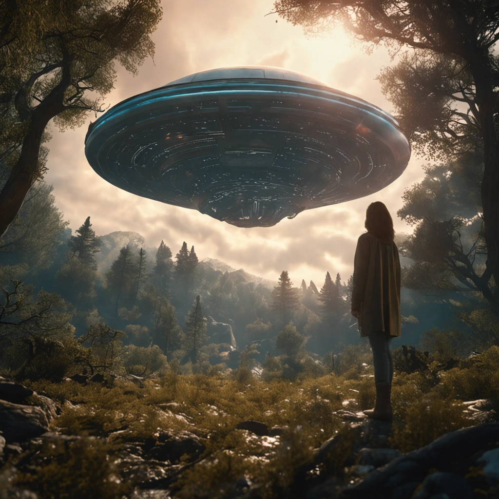 Girls, Standing in the middle of the forest、Someone kidnapped by a giant alien in the sky, (UFO),  Interstellar hyperrealism, Holosomnia, Affinity Photos, Fyodor Vasiliev, Anamorphotic flare, kidnapping, Baumstadt, shining sky, discoverer, Dreamscape Architect, Strange landscapes, Fantasia, Hobbit style, scenic, Dreams, plan, scenic, 科幻小说, Magnificent composition, futuristic, Von Ridley Scott, Hyper Realistic, From Another World, Von Abigail Larsson, Hubert Robert, Von Chesley Bonestell