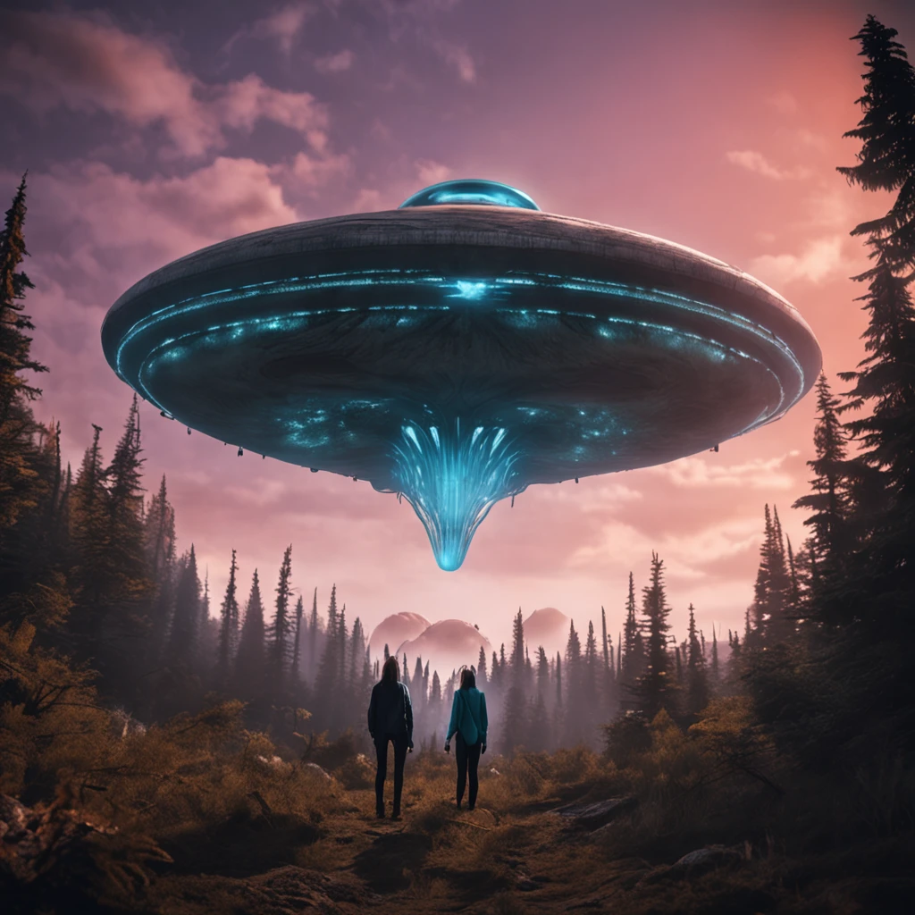 Girls, Standing in the middle of the forest、Someone kidnapped by a giant alien in the sky, (UFO),  Interstellar hyperrealism, Holosomnia, Affinity Photos, Fyodor Vasiliev, Anamorphotic flare, kidnapping, Baumstadt, shining sky, discoverer, Dreamscape Architect, Strange landscapes, Fantasia, Hobbit style, scenic, Dreams, plan, scenic, 科幻小说, Magnificent composition, futuristic, Von Ridley Scott, Hyper Realistic, From Another World, Von Abigail Larsson, Hubert Robert, Von Chesley Bonestell