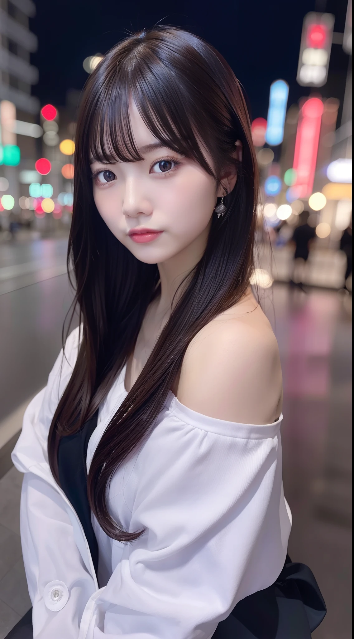 femele、late 20s age、Cool Beauty、TOKYOcty、japanes、nightcity、A dark-haired、Longhaire、Pulling photo、Realistic、Off-shoulder、surrealistic、8k picture