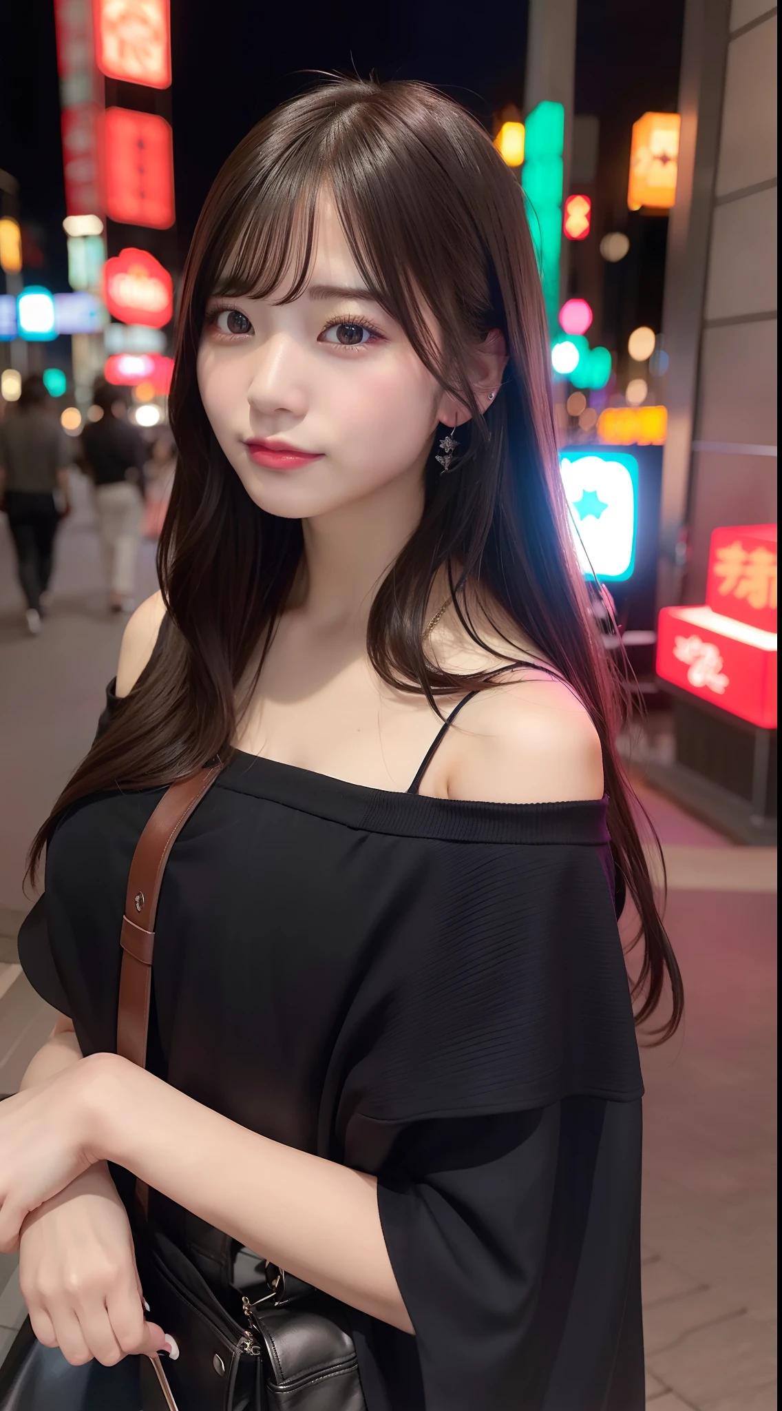 femele、late 20s age、Cool Beauty、TOKYOcty、japanes、nightcity、A dark-haired、Longhaire、Pulling photo、Realistic、Off-shoulder、surrealistic、8k picture