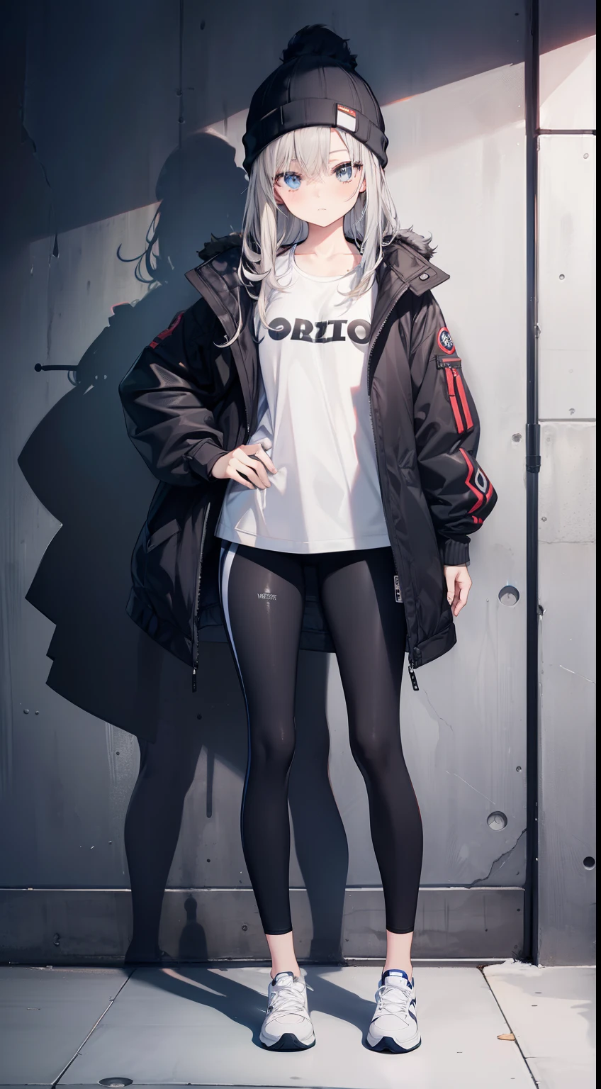 (masterpiece:1.2, best quality), (graphite wall:1.15), 1 lady, beanie, jacket, Leggings, blue eyes, full body,