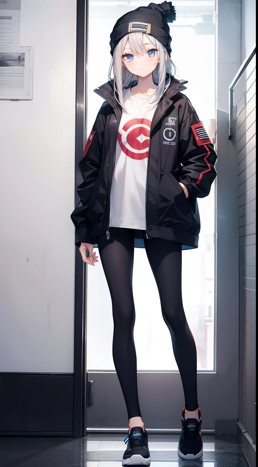 (masterpiece:1.2, best quality), (graphite wall:1.15), 1 lady, beanie, jacket, Leggings, blue eyes, full body,