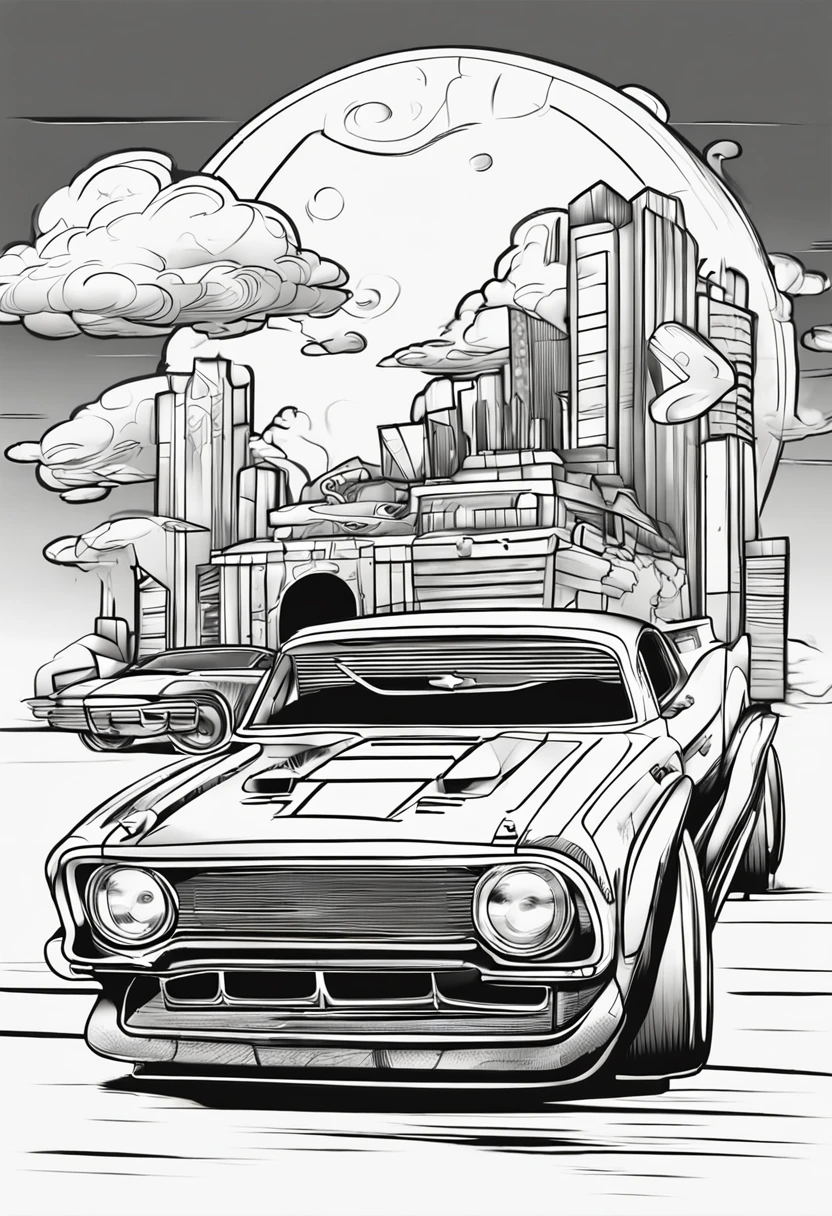 car illustration for coloring, with a white background, bold, black outline style, no shadow, no details, hyper realistic style, best quality, no GRAY, coloring book, BLACK LINES, no background, main image only, Jet -Powered Drag Car