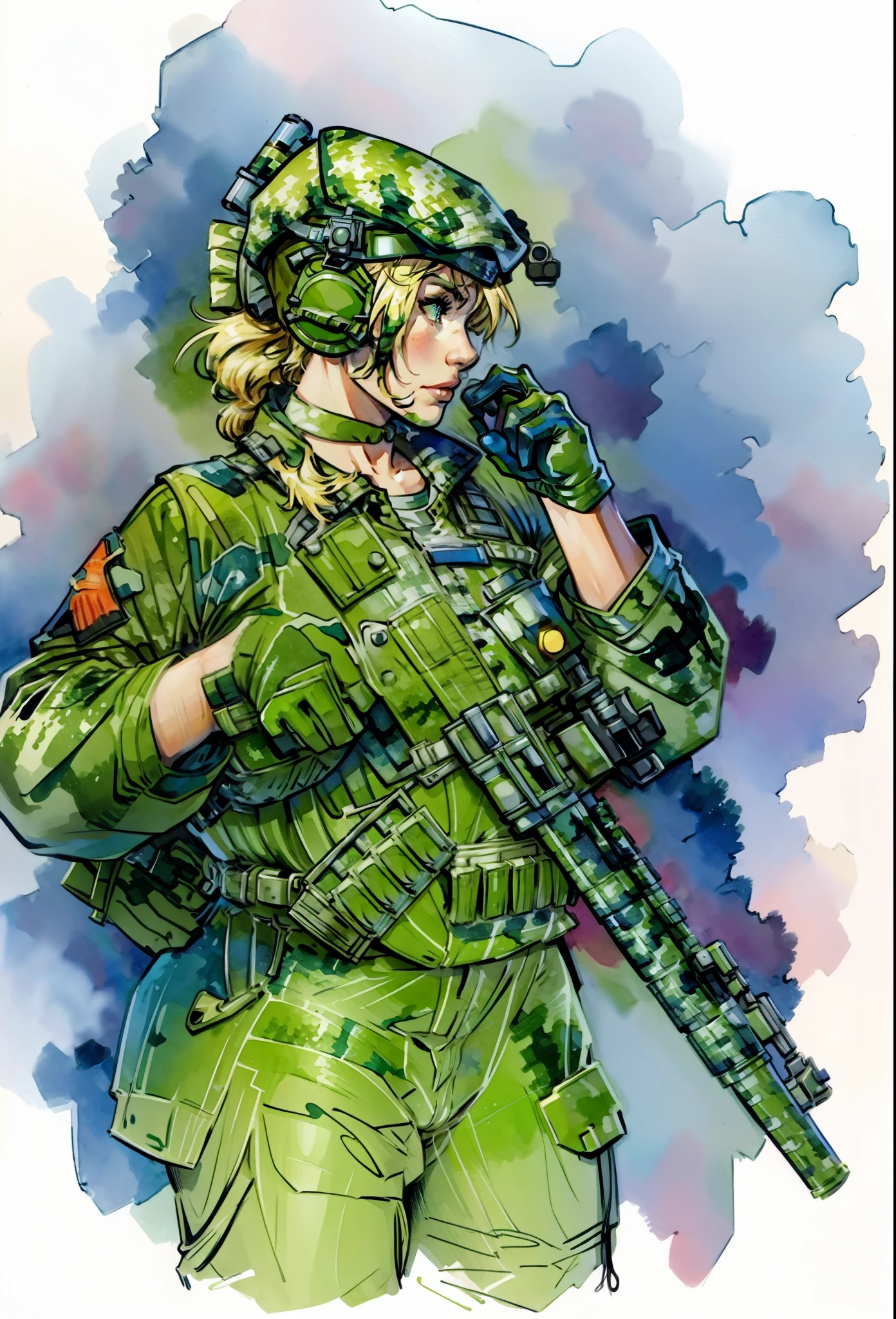 Coloring，Watercolor art，detaileds, Blonde female soldier，(((Digital camouflage pattern military uniform)))，detaileds，Heavy metal weapons，jungle backdrop，morningglow，Super detailed