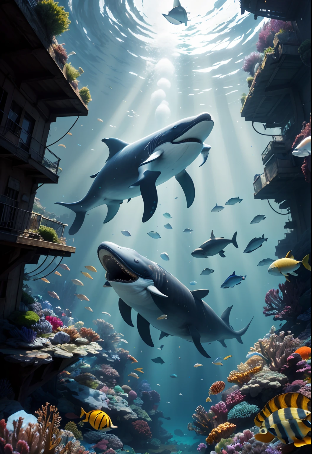 highres, shadows, absurdres, best_quality, ultra_detailed, 8k, extremely_clear, photograph, beautiful, sharp focus, hdr,
underwater, giant whale, fantastic location, dream, flying, underwater cyberpunk city