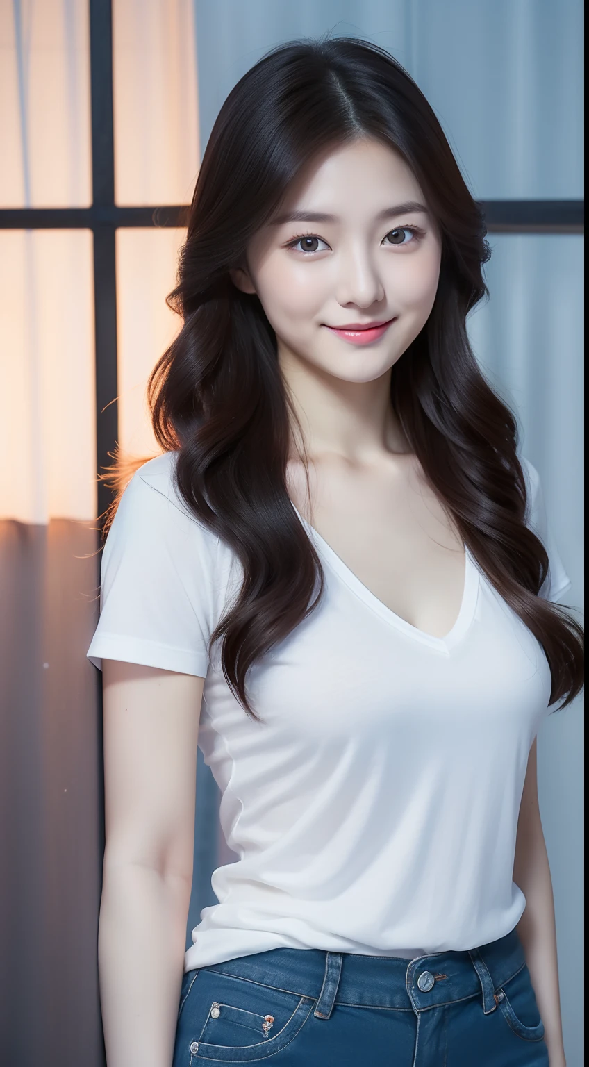 A girl around 30 years old,simplicity,Extremely beautiful and delicate,(light make-up),black color hair,A sweet smile,Delicate and beautiful fair skin,Realistic and realistic,exquisite and complete facial features,Detailed depiction of the face,tall nose bridge,Red lips,Beautiful, gentle and beautiful girl,Smooth hair,Extremely delicate hair,Feminine temperament,Fill your face light,hyper realisitc,photorealestic,8K quality,extremy detailed,Realistic details,Works of masters,Realistic to the extreme,big breasts body,Beautiful,Pure desire,Stunning beauty,Peerless beauty,Highest image quality,8K分辨率,goddes,ssmile,Fine facial features,Hair over the shoulder,A brown-haired,Large long thick legs,(((High-waisted French top))),(((short skirt))),rays of sunshine,facing at camera,The body is well-proportioned and firm,Gentle eyes,exposing thighs,stand posture,Stand inside the mall,Full body photo