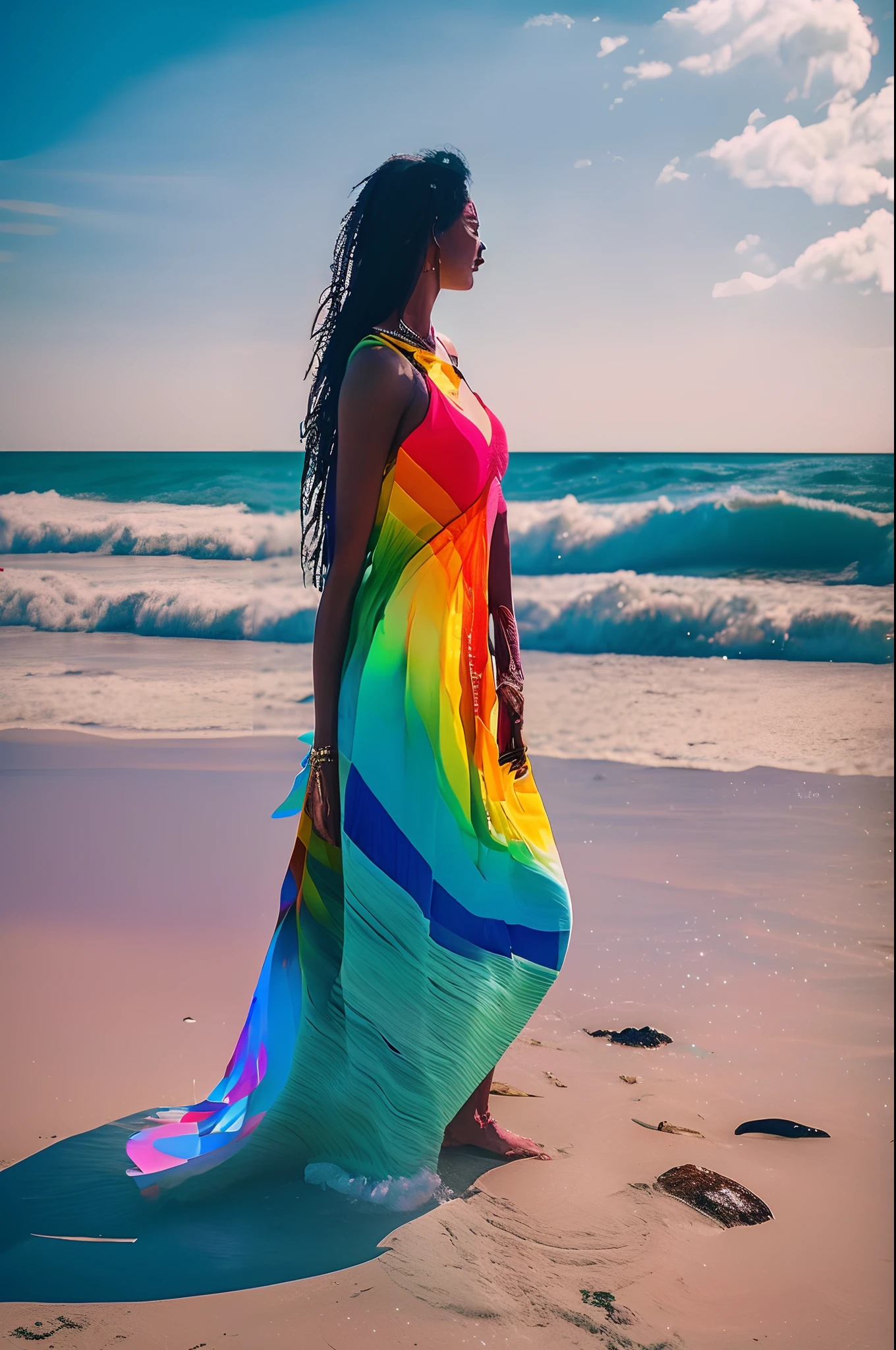 a photo of (Ocean Spectrum:1), a waman standing in the beach