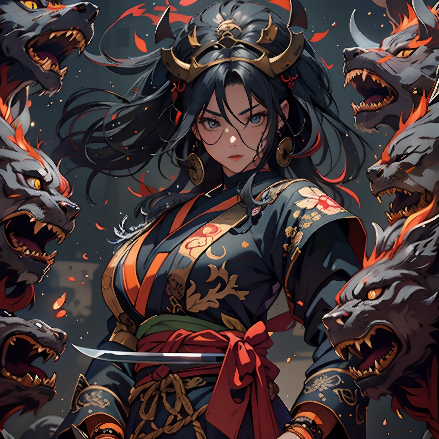(Photorealsitic:1.4),((from back view:1.6)),, (Dynamic Angle:1.6), (Samurai girl confronts a giant demon:1.2), (beautifully detailed eyes), (beautiful and detailed face), Perfect female body, (neat figure:1.2), Slender waist, (18year old),Very big eyes, (Sober haori hakama:1.4),(Red haori and black gauntlet), long boots, (Fight with beautiful Japan swords:1.4), Best Quality,Ultra-detailed, High resolution, extremely details CG, Unity 8k壁纸, Official art, production art, novel illustration, by famous artist, Caustics, textile shading, super detailed skin, Perfect ???????, Detailed, Cinematic lighting, Dynamic lighting, Beautiful detailed eyes, (top-quality), (ultra-detailliert), (masuter piece), (hight resolution), (Original), Character Design, Game CG, Detailed Manga Illustration, Realistic head-to-body size ratio:1.2, Aerial perspective