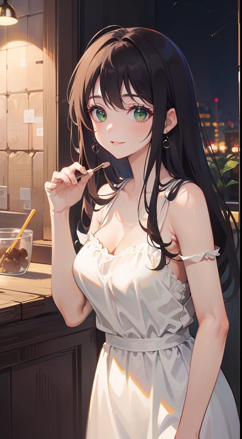 cute girl siting opposite you in a cafe wearing a black bra, long black hair , blue eyes, huge breasts, huge cleavage,