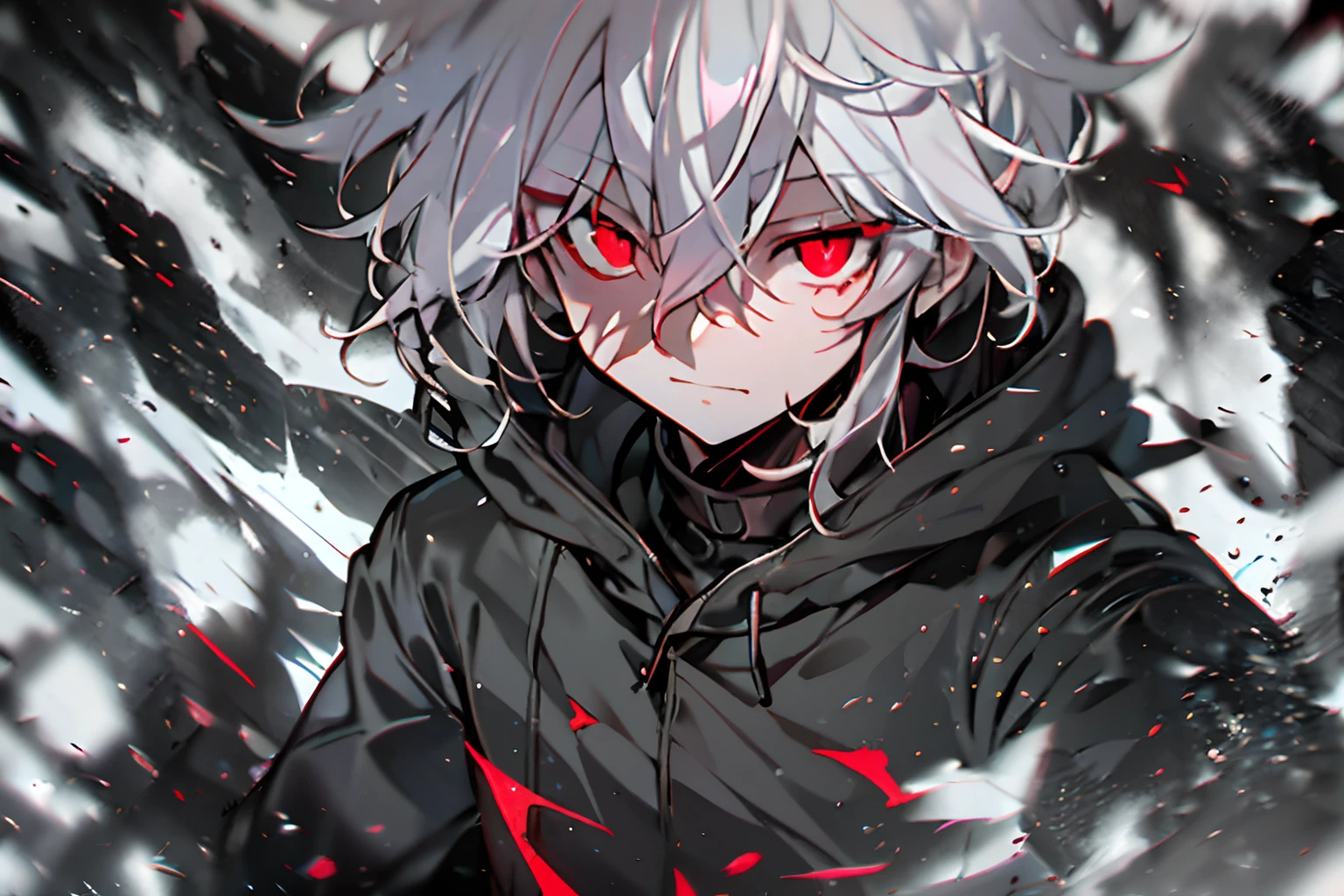 hight resolution,Anime boy with white hair and red eyes stares at camera, Glowing red eyes,slim, dressed in a black outfit,Shadow Body,de pele branca,monochromes,hair messy,glares,Diagonal angle