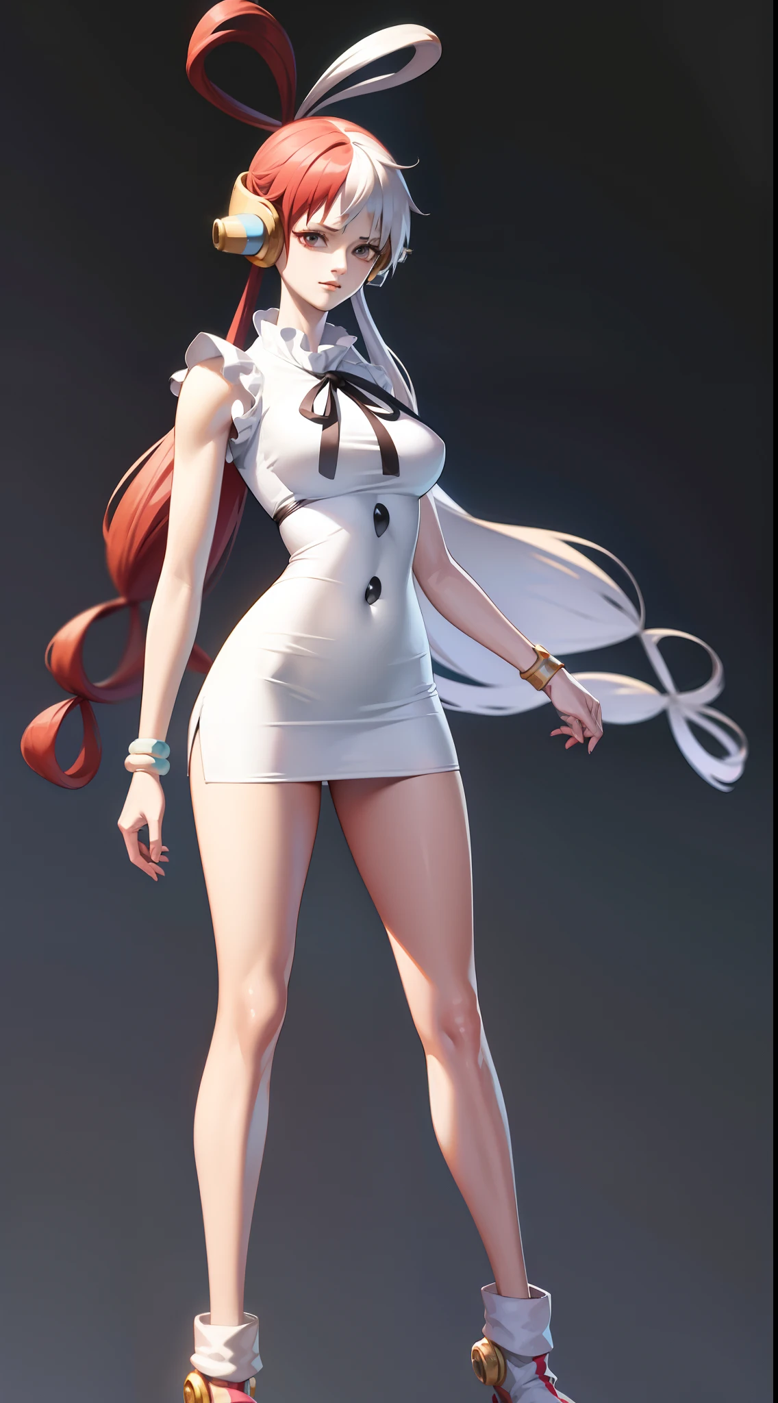 ((white background)) full body, A single full-length woman standing at a symmetrical low angle, from below, barefoot, smiling lustfully with red blush, hands on hips, big knockers masterpiece,best quality, 1girl, solo, nurse uniform, white gloves, hair bun,