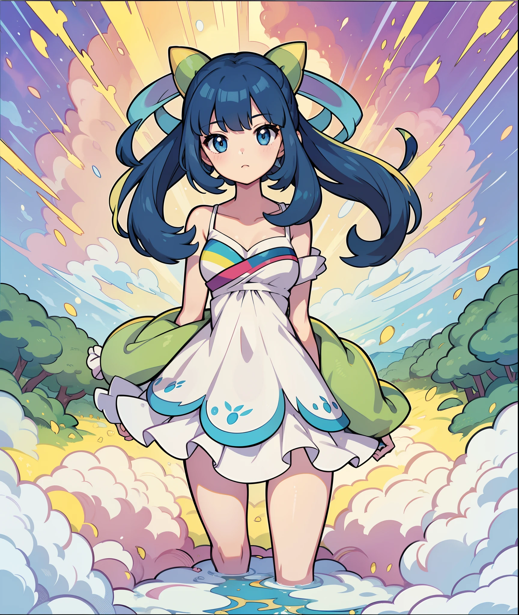 1girl in,A pokémon_The card,(top-quality), (high_quality), (Convoluted_Details), (ultra-detailliert), (illustratio), (Distinct_image),saito_naoki,city scenery、Rainbow View、With cats((Cute cat1.5))