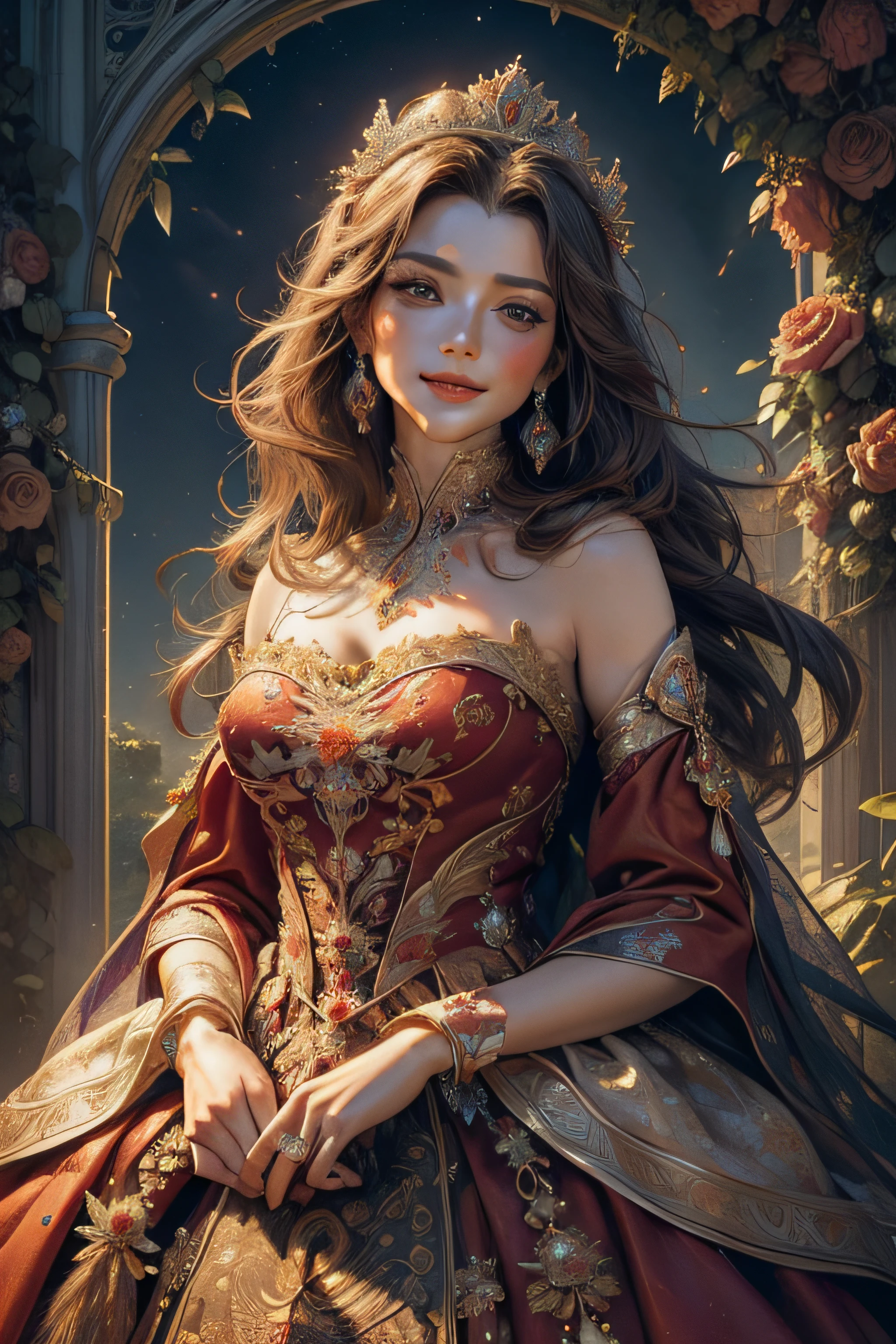 (masterpiece, top quality, best quality, official art, beautiful and aesthetic:1.2), (1girl), strong, matured, smile, adorable eyes, extreme detailed, (fractal art:1.3), colorful, highest detailed, royal, princess, crown, flower, garden, red gown dress