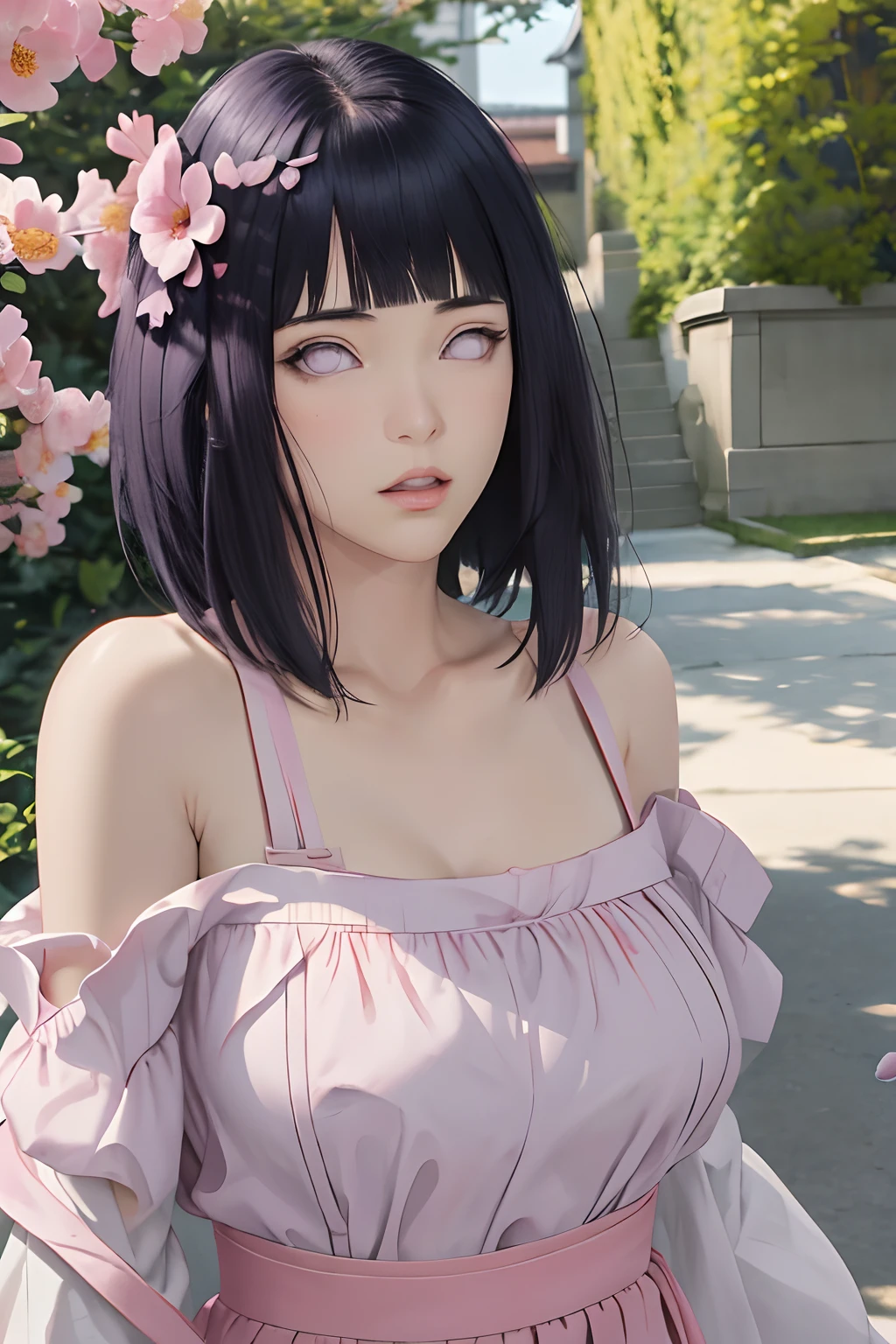 masterpiece, absurdres, hinata\(boruto\), 1girl, solo,mature female, off shoulder floral dress, looking at viewer, (falling petals), perfect composition, detailed lips, big breast, beautiful face, body propotion, blush, (pink lips), long hair,  purple eyes,  soft gaze,  super realistic, detailed, photoshoot, realistic face and body