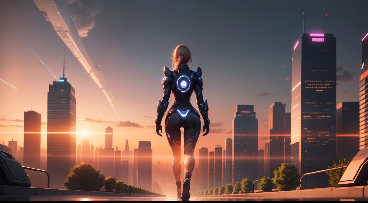 Produce a futuristic cityscape at sunset, featuring a confident woman walking along a glowing pathway.