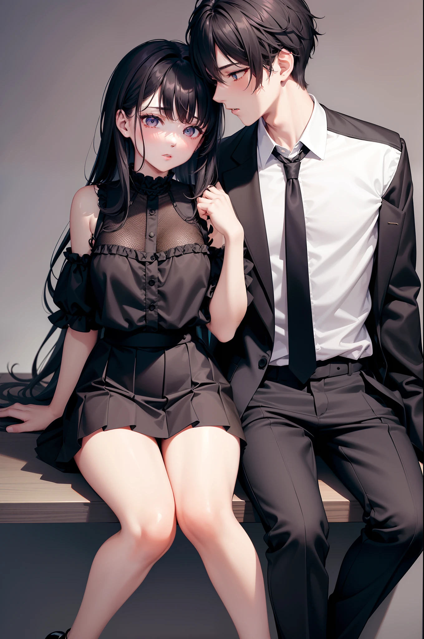 Male and female couples　Girl sitting on chair wearing black ruffled mini skirt over blouse。Buttocks with a disheveled hem、No panties、Boy kissing while rubbing his chest。Boy in high school long pants uniform with mash cut hairstyle。Without glasses、Boy's provocative gaze、The girl has a shy look