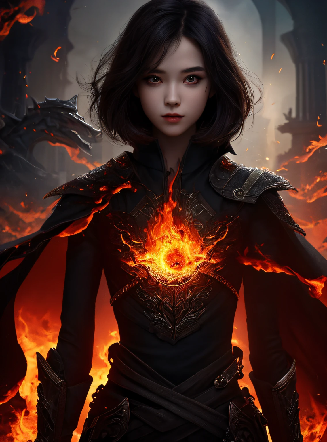 1girl,solo,masterpiece, best quality,fantasy,dark,shadow,
face is important,boy is important,eyes are important,rThe character is the main body of the work,(upper body),
flames,ruins, swirling magic,