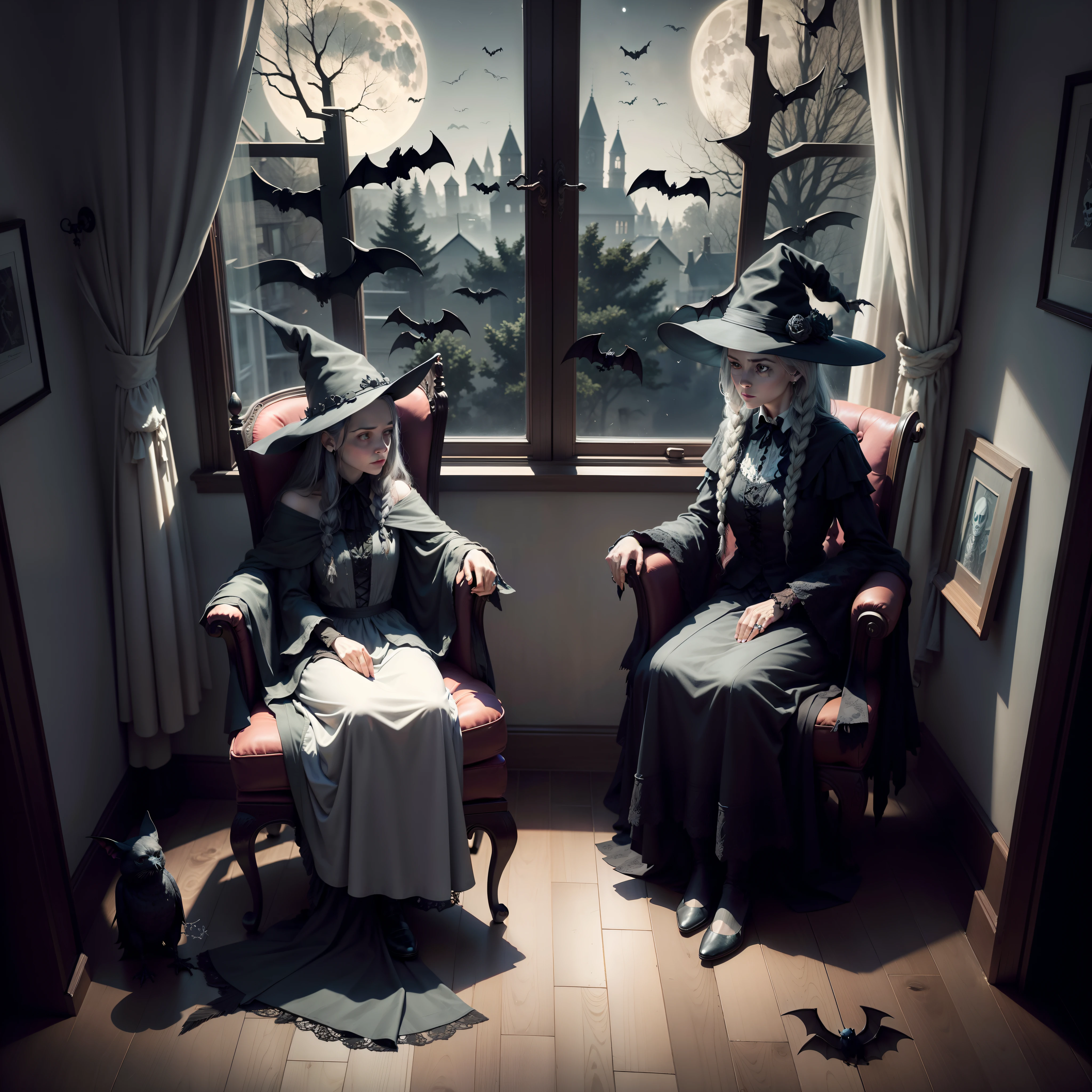 Old witch，With a hat on，Sit in a high-back chair by the window，The chairs were full of skeletons，There are a lot of cobwebs in the house，There is a dark gray wool carpet on the floor，The carpet is also patterned with skeletons，The windows are high windows，You can see the moon and the crow standing on the branches，There are also bats flying outside the window