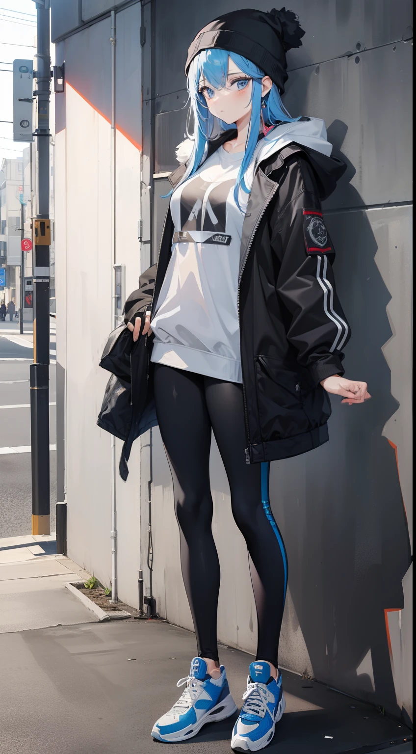 (masterpiece:1.2, best quality), (graphite wall:1.15), 1 lady, beanie, jacket, Leggings, blue eyes, full body,