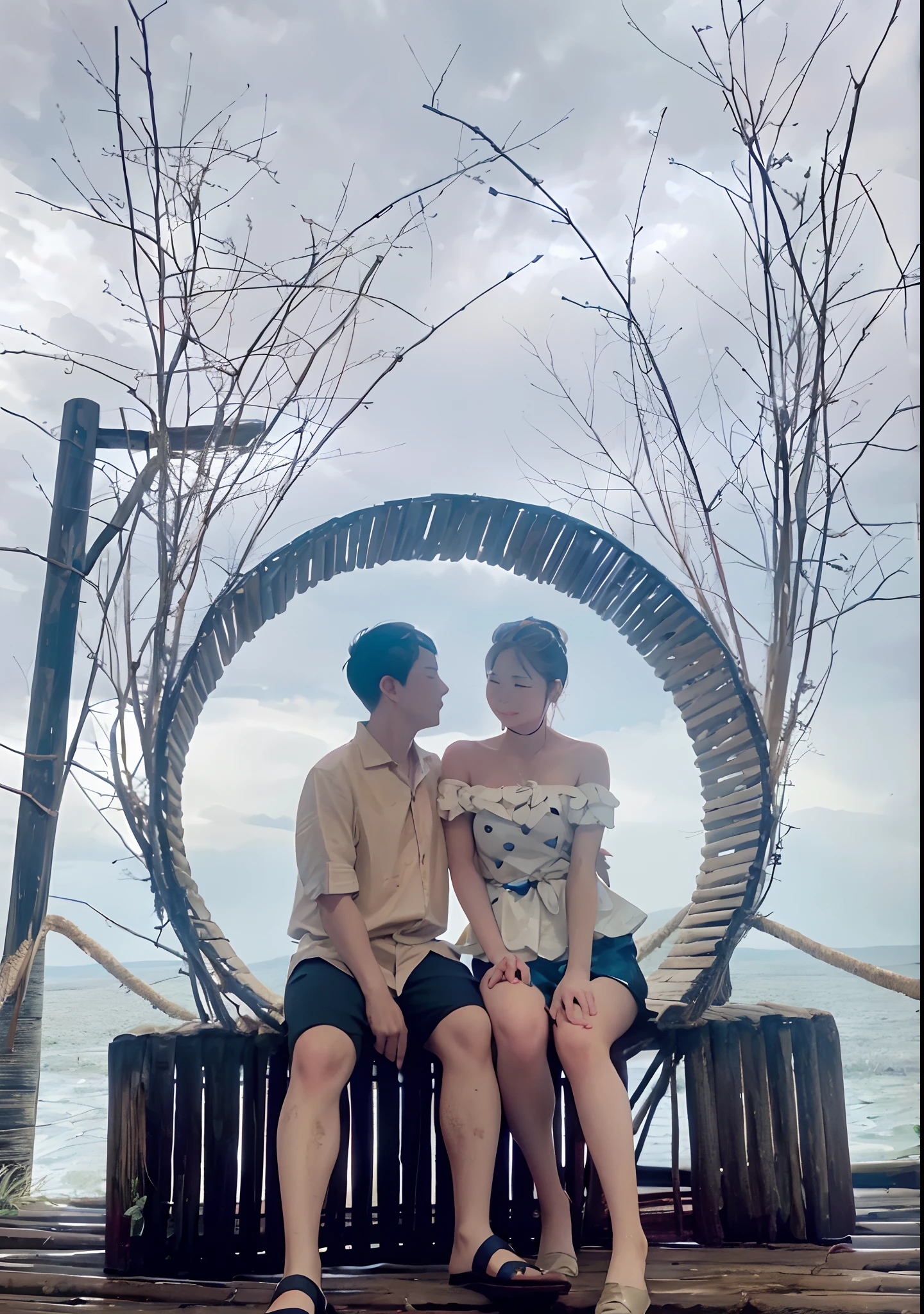 On the dirt roads in the countryside, the Chen couple wore high-end tailor-made clothes covered in mud. They held hands and walked hard step by step. In the background, the landscape and farmland in the countryside can be depicted.