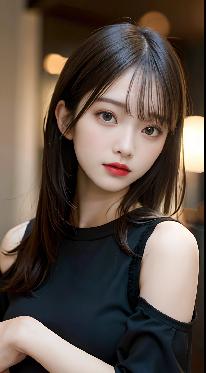 finely detail, hight resolution, hightquality、Perfect dynamic composition, Beautiful detailed eyes, Medium Hair, small tits、Natural Color Lip,Kamimei、Shibuya、20 years girl、1 persons、Transparent skin、Glowing hair、masutepiece, Best Quality, Illustration, Ultra-detailed, finely detail, hight resolution, 8K、The correct state of the human body、pretty pose,Ponytail Hair,beauty legs,Perfect beautiful face,KPOP Idol Face,Face that feels ecstasy,Black knitted dress,Background blur,Do Guts Pose
