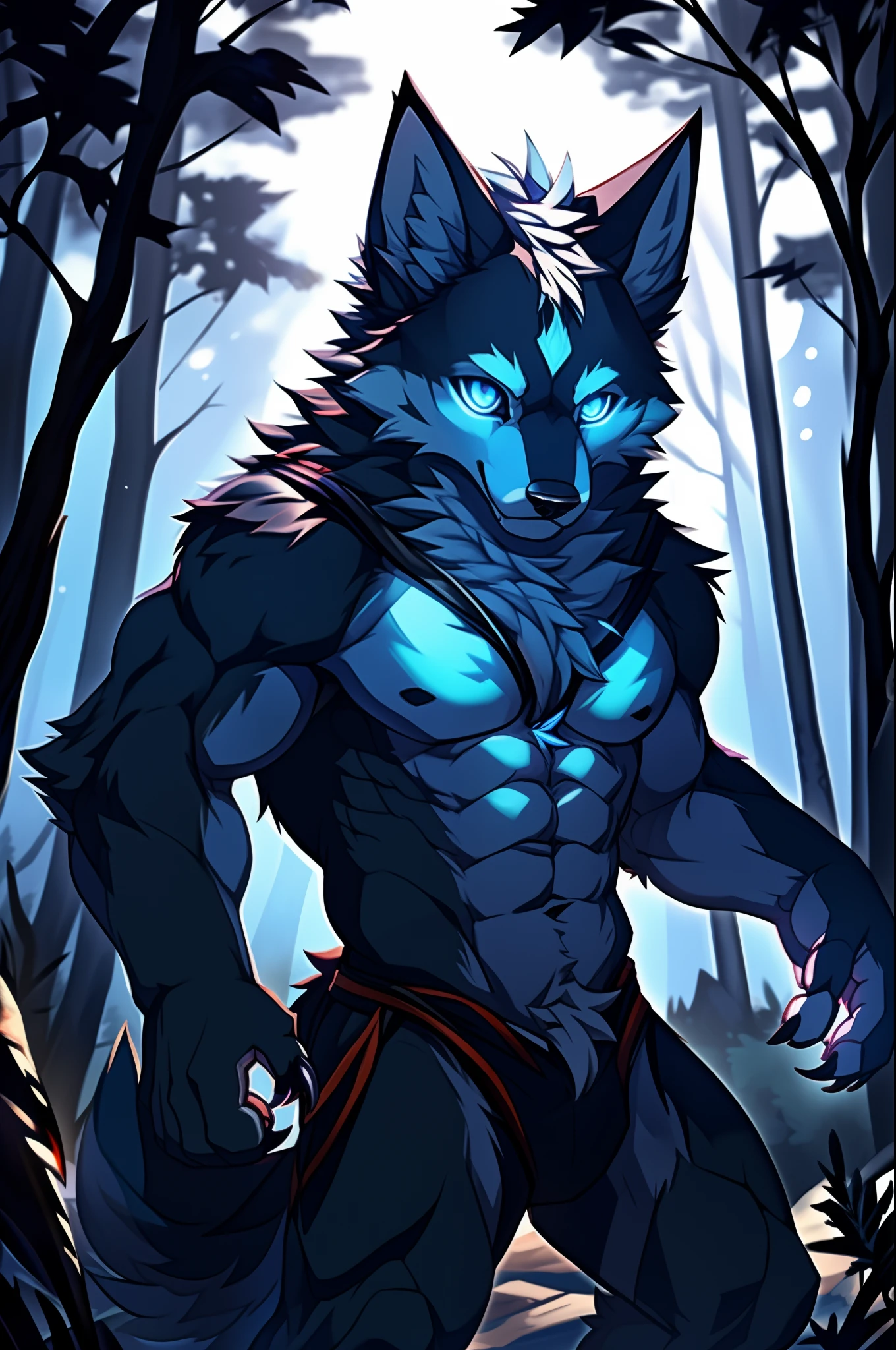 Solo, Male, (Muscular), (male anthro wolf):1.3, Black body, White belly, (Detailed eyes, blue color eyes, Sharp claws，Cute beast claws，glowing light eyes):1.1, (exteriors:1.35), ln the forest, the night，detailedbackground，realisticlying，realistic hand，8k hdr，（Wide dynamic range，hdr）