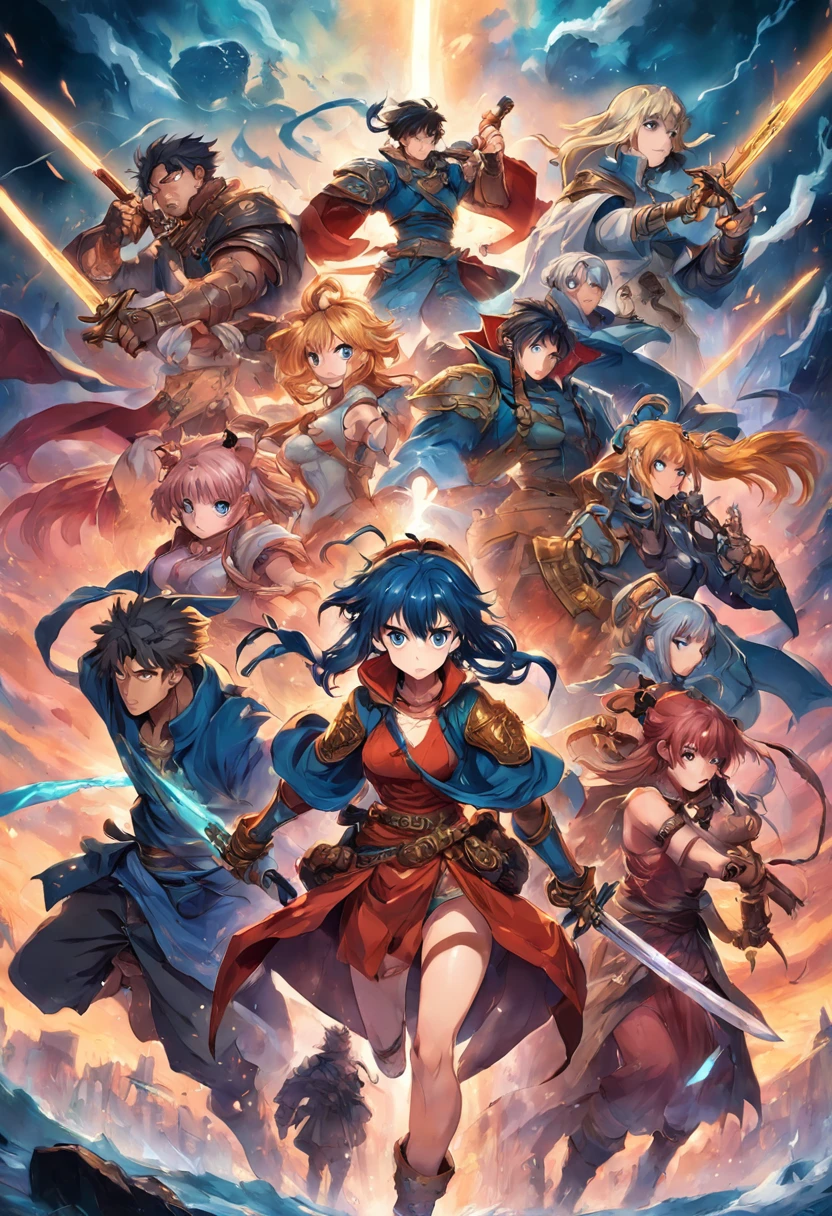 masterpiece, high quality, best quality, high detail, perfect draw, a picture taken from a video game showing a group of women and man with swords, official artwork, detailed cover artwork, key art, promo art, album art, front cover of a new video game, enhanced, official art, anime cover, board game cover art, promotional art, box art, album art cover, game cover, battle chasers, official anime artwork, album cover, high quality face, high quality hand, by bestiary_style, outstanding, perfect hand gesture, high detailed hands