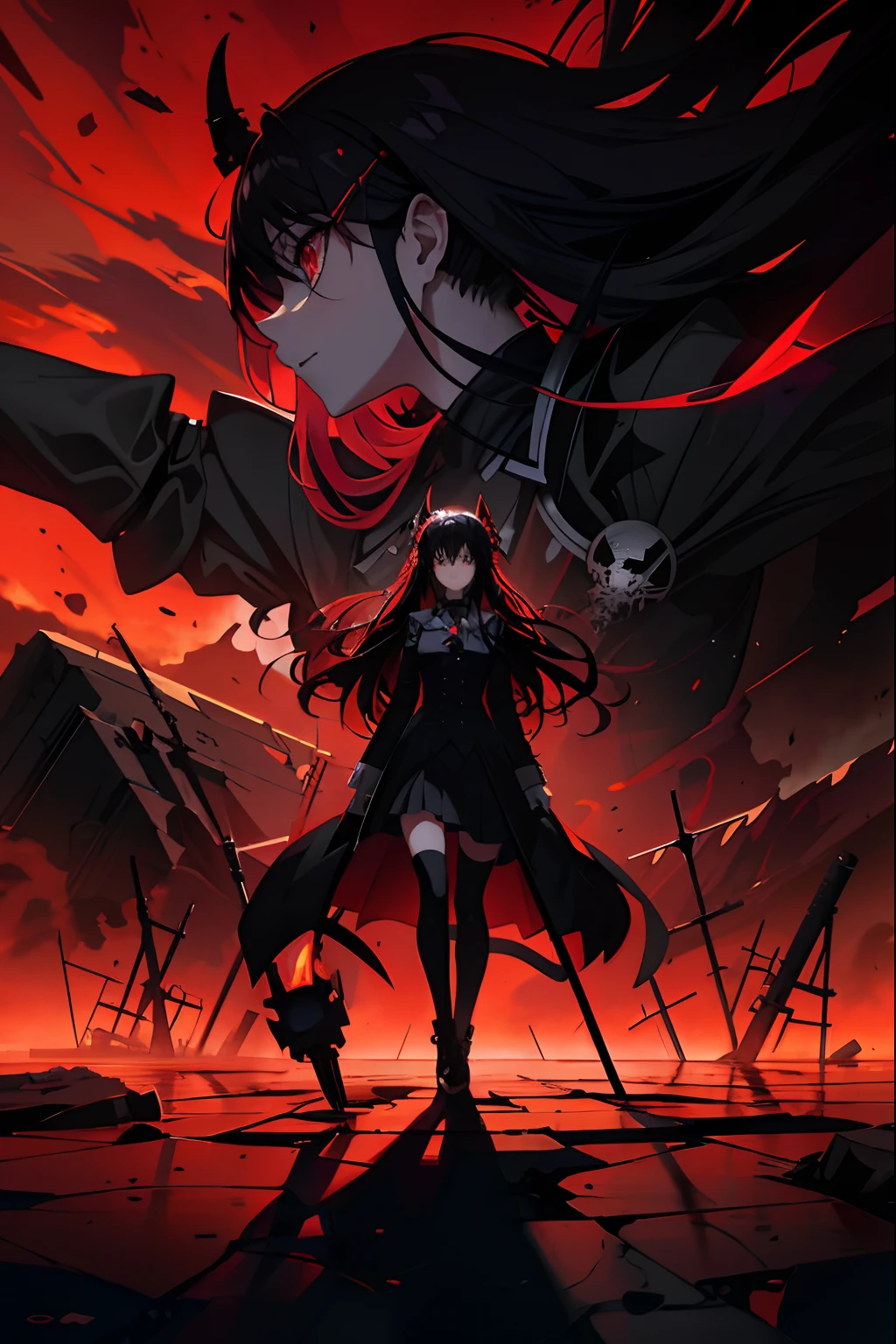 Anime girl with long hair and black coat standing in front of the demonic landscape, Badass anime 8 K, Anime epic artwork, anime background key visual, gapmoe yandere grimdark, gothic maiden anime girl, official anime key visual, by Yang J, with red glowing eyes, anime wallaper, Anime art wallpaper 8 K, 4K anime wallpaper, demon anime girl
