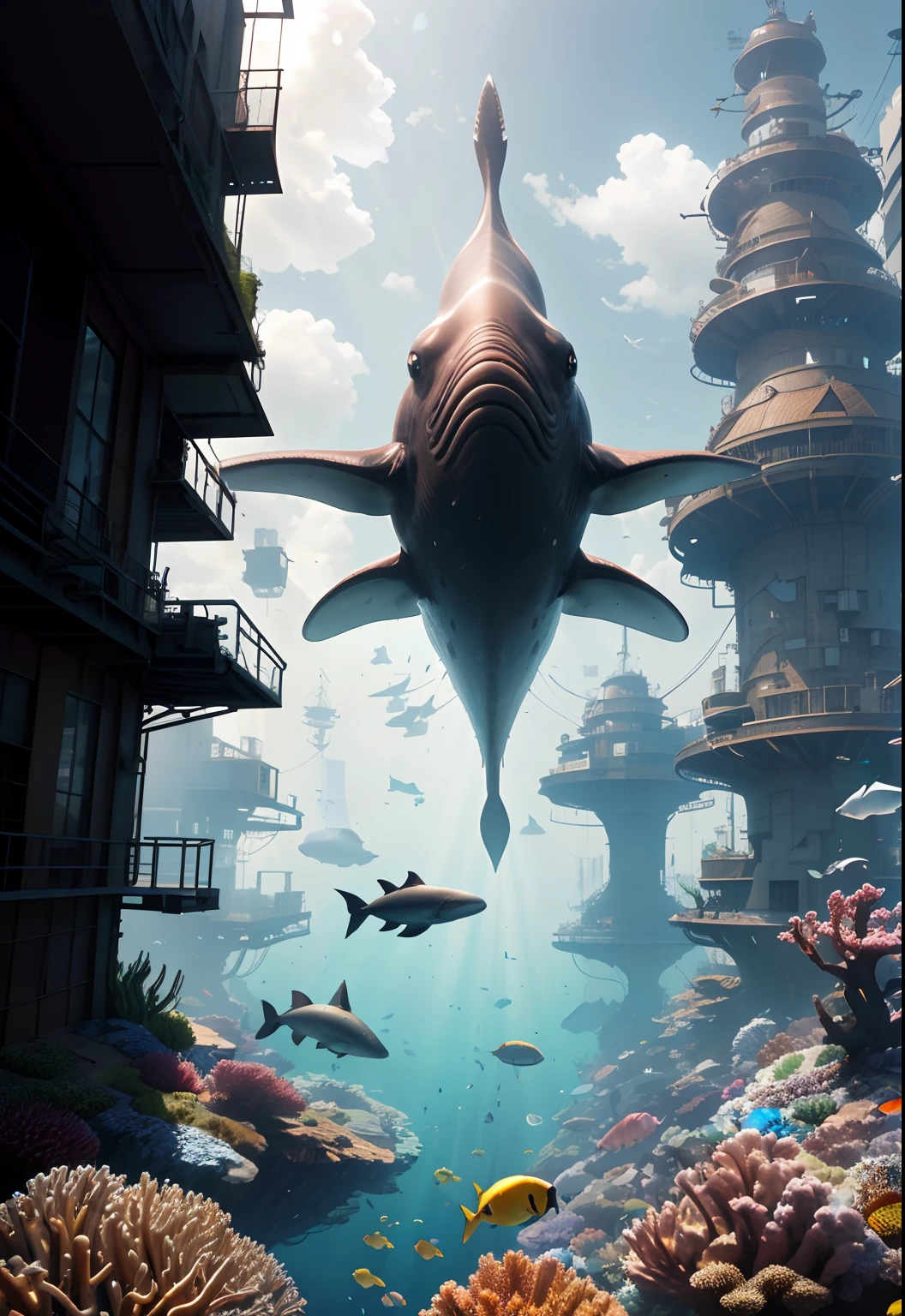 highres, shadows, absurdres, best_quality, ultra_detailed, 8k, extremely_clear, photograph, beautiful, sharp focus, hdr,
underwater, giant whale, fantastic location, dream, flying, underwater cyberpunk city