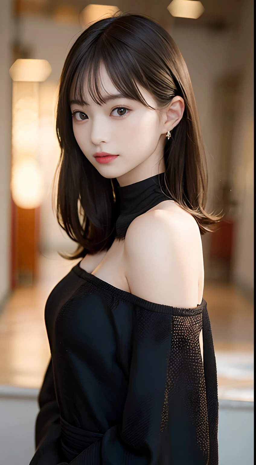 top-quality, ​masterpiece, 超A high resolution, (Realisticity: 1.4), OriginalPhotographs, 1girl in, Black off-shoulder, Cinematic lighting