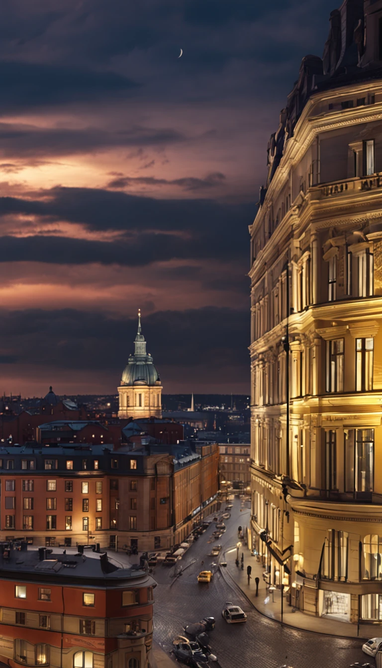 ((City of Stockholm)) sweden, cinematic lightning, ((Moonlight and starry night)), The core is low-key, best qualityer, Hyper-Resolution, ultra-realistic realism, hyper wide view, Sharpness