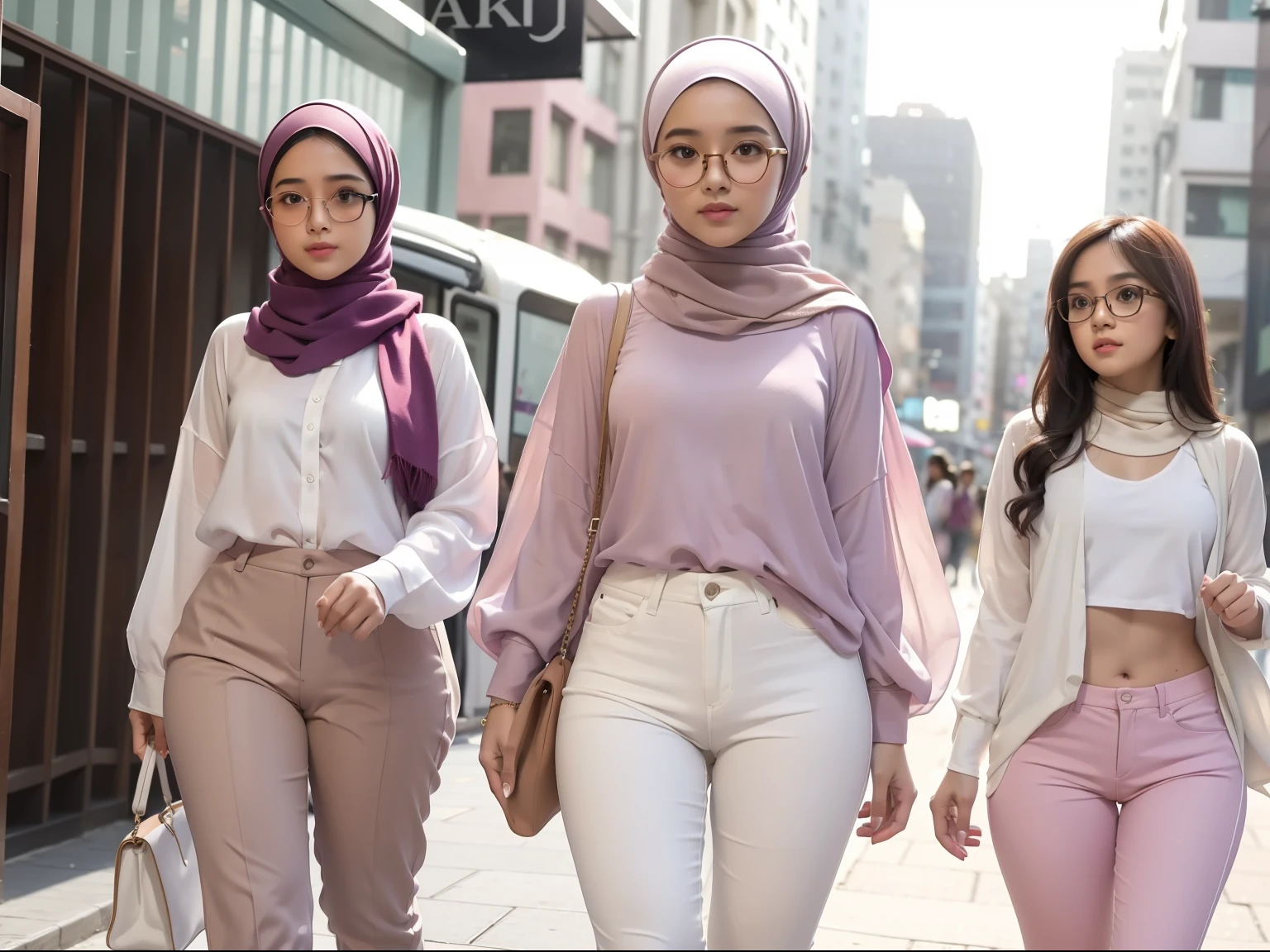 3 Cute Young malay girl in pastel lilac hijab and white over sized shirt with high waists tight pants walking in crowded city street, girl wear glasses, catwalk, bright lighting, professional photography, portrait photography, ultra realistic, city background, morning, perfect body, thick thighs, small waists, small abs, long leg, medium shot, camel toe,