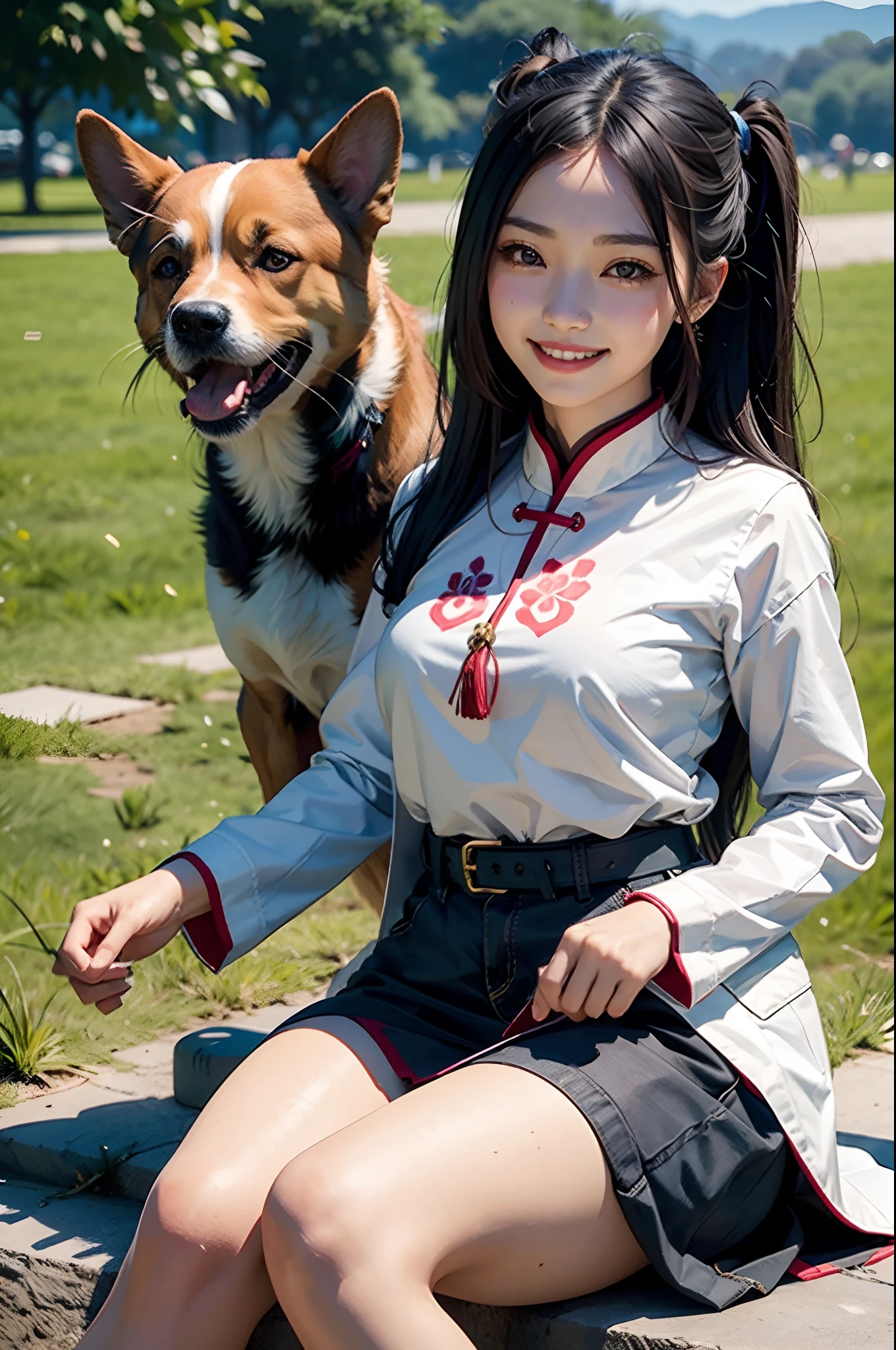 anime masterpiece、(((14 year old beautiful girl)))、(((Naked outdoors、chain dangling collar、choker、Pet is a beautiful girl、dog tail、shoes)))、((ponytail hair、Don't look back))、((exposed girl、super famous nude model、Yomimo))、超High resolution(reality:1.4)very beautiful, beautiful skin, slender,slender body、small waist、small breasts、B Cup Bust、small breasts、((Are thin、concave abdomen))、thin and long legs、 (Super realistic), (High resolution), (8K), (very detailed), (Super detailed), NSFW、smile