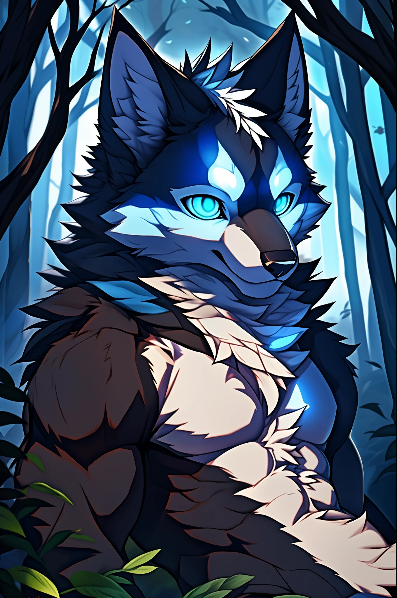 Delicate style is evident in this artwork, with intricate hook lines and delicate skin texture. The character has fine hair that adds to their charm, and a furry tail that adds a playful touch. Their exquisite eyes, beautifully depicted with shades of blue, captivate the viewer's attention. The character is portrayed topless, wearing only shorts and leg rings, giving off a handsome and fierce vibe. Despite their fierce appearance, they also exude a lovely aura. He is a wolf cubs, this juvenile male wolf stands out with his striking black fur and soft black wolf ears. His whole body is covered in a fur, emphasizing his wild nature. A shy expression is visible on his face, and there is a slight bulge in