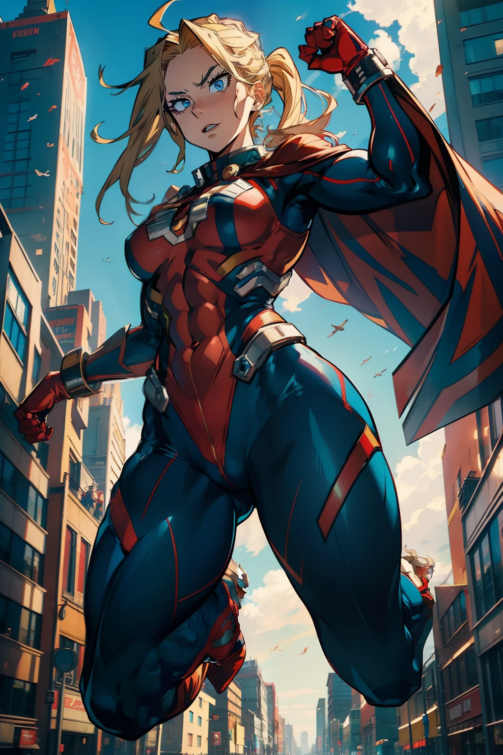 female all might, muscular, abs, (full body suit), superhero, city scape, ((flying in sky)) , ((my hero academia style)), (red cape), (blonde), (blue eyes)