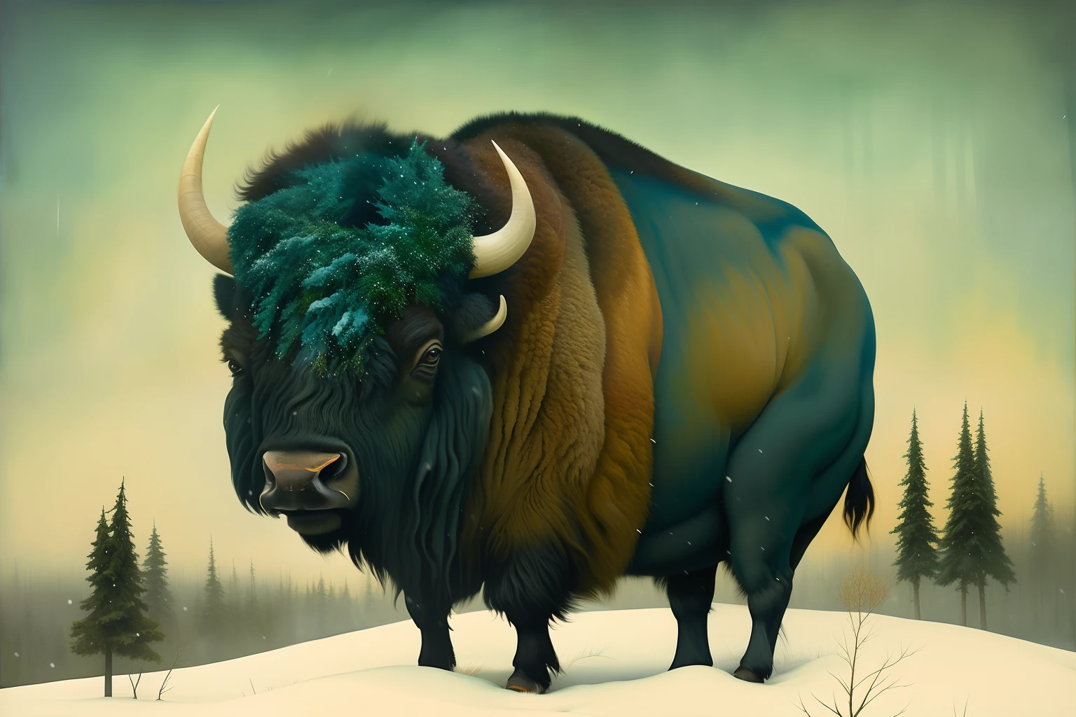 painting of a bison standing in a snowy field with trees, inspired by Giuseppe Bernardino Bison, surreal hybrid animals, anton semenov, jane newland, jean-sebastien rossbach, julie dillon, by Jesper Ejsing, by Artur Tarnowski, style of jeff soto, by Pedro Pedraja, by Vladimír Vašíček