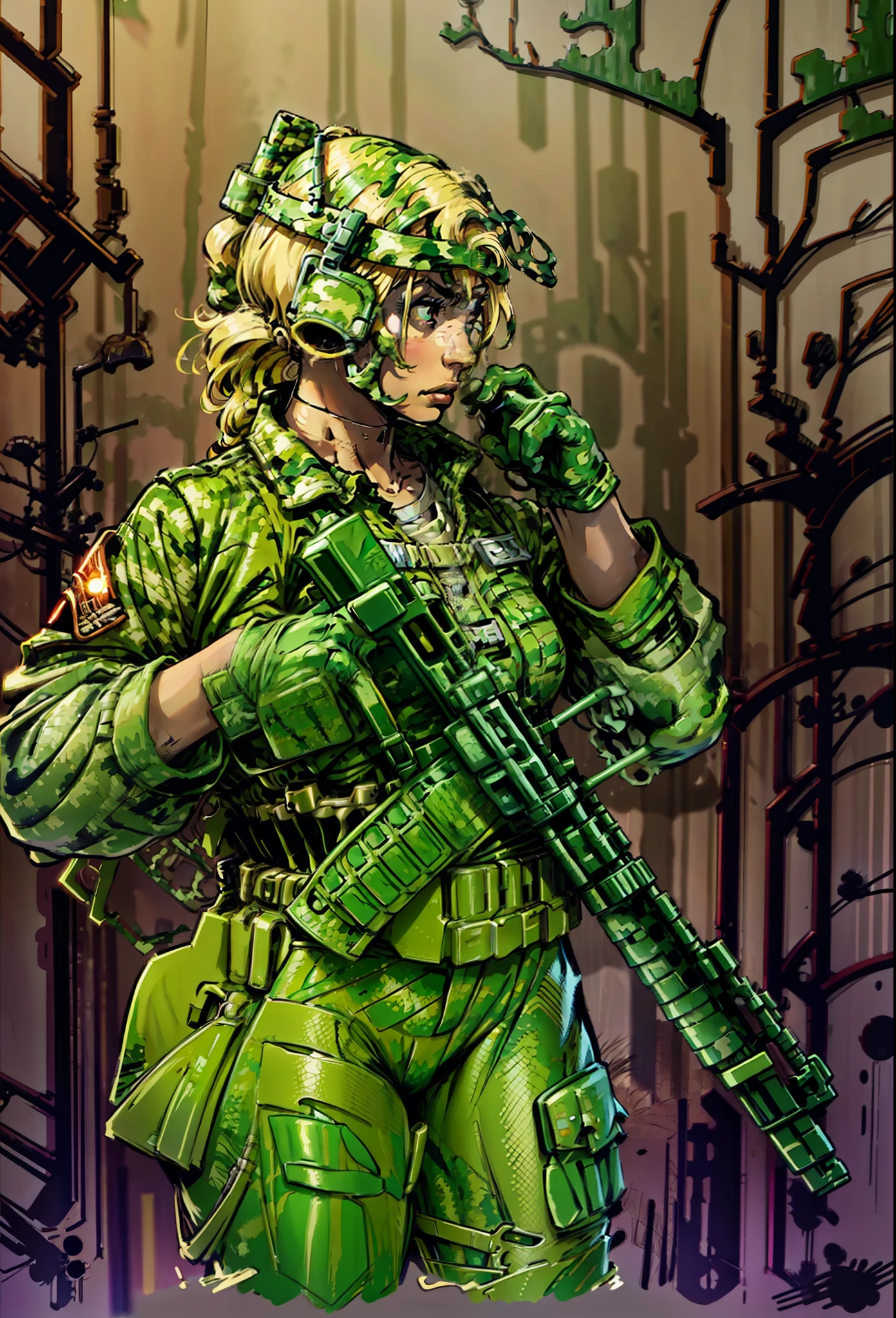 Coloring，Color blocking，detaileds, Blonde female soldier，(((Digital camouflage pattern military uniform)))，detaileds，Heavy metal weapons，jungle backdrop，morningglow，Super detailed