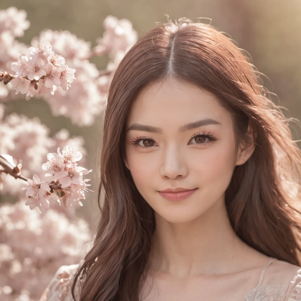 Portrait, Beautiful girl with long blue hair, A smile that I look forward to, Light brown blouse, Cherry blossoms in the background, Strong sun shining on your face from the front. ((High quality)) ((super detailed))